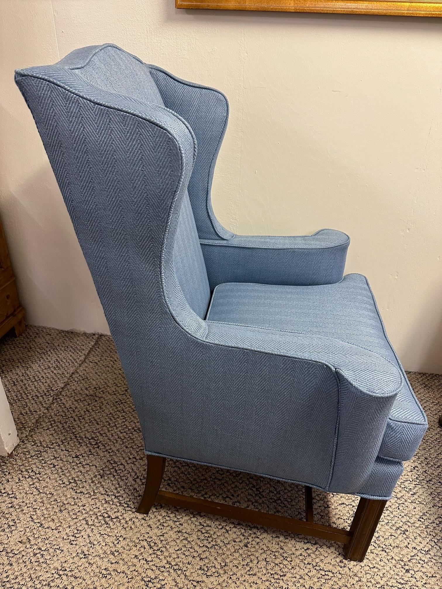 American Traditional Blue Upholstered Wingback Chair For Sale
