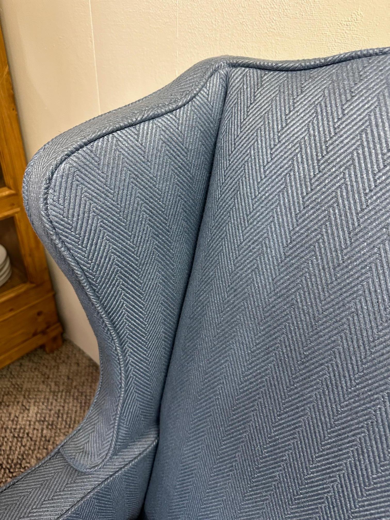 American Traditional Blue Upholstered Wingback Chair For Sale