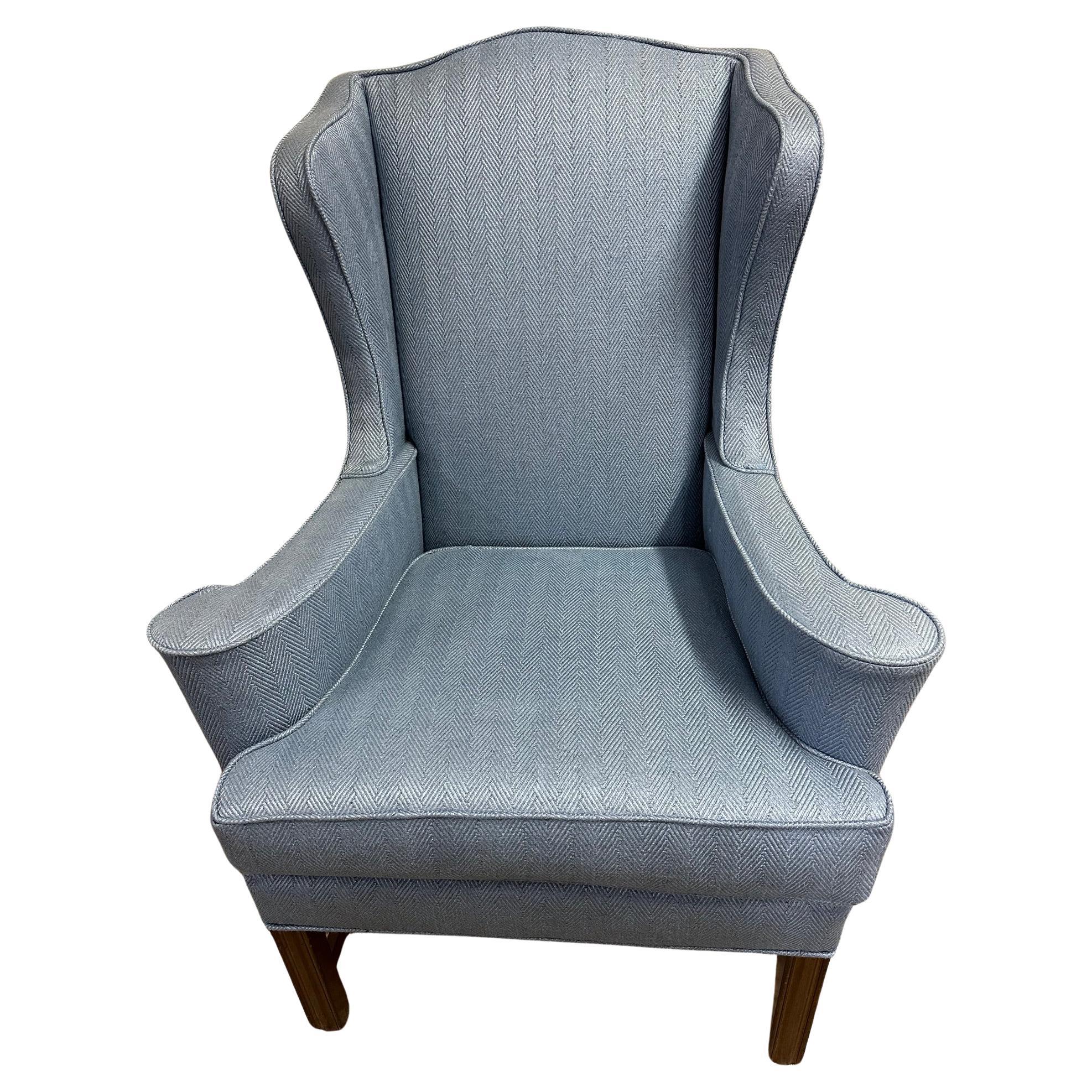 Traditional Blue Upholstered Wingback Chair For Sale