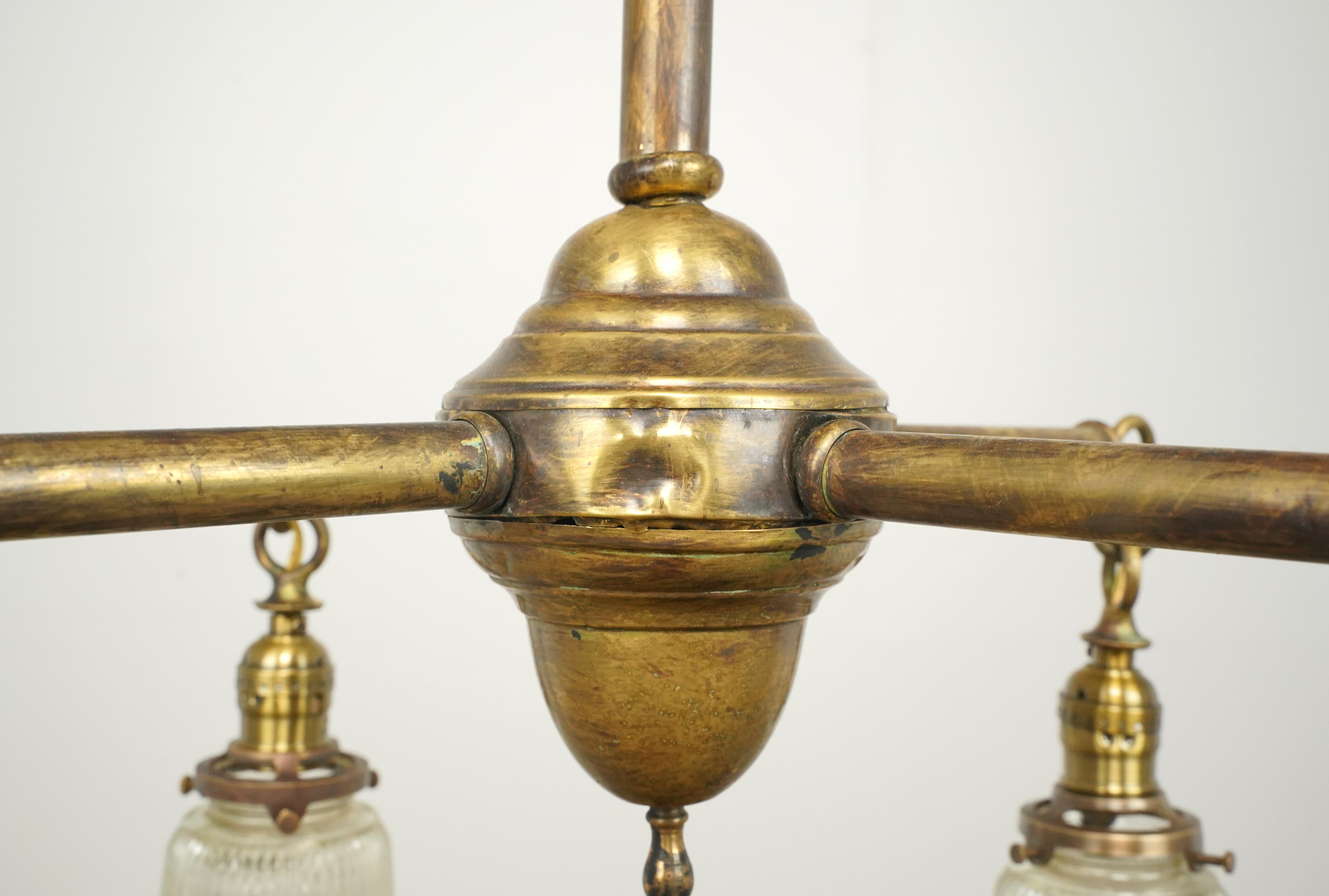 Traditional Brass 4 Arm Glass Shades Pole Chandelier For Sale 6