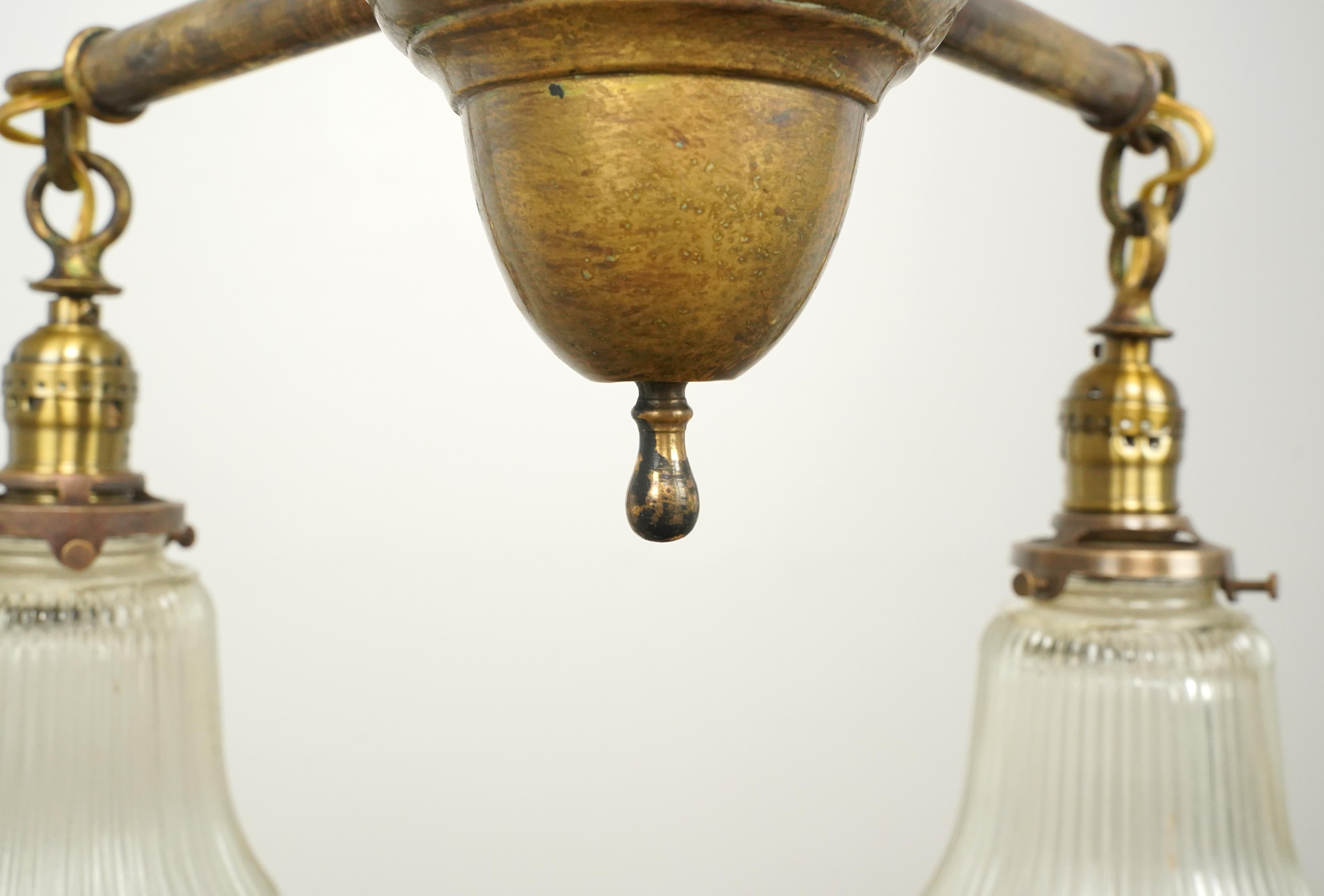 Traditional Brass 4 Arm Glass Shades Pole Chandelier For Sale 7