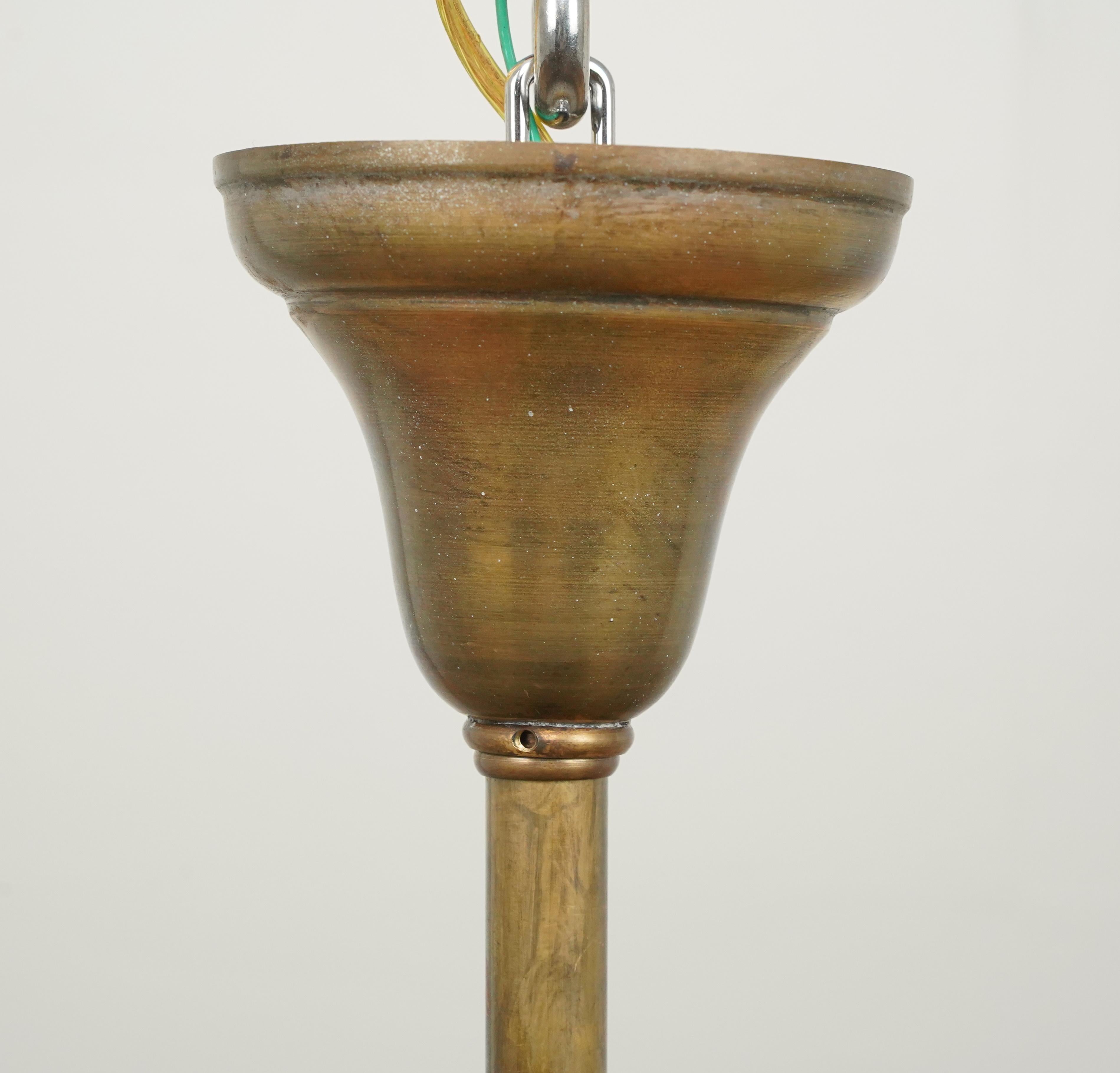 Traditional Brass 4 Arm Glass Shades Pole Chandelier For Sale 8
