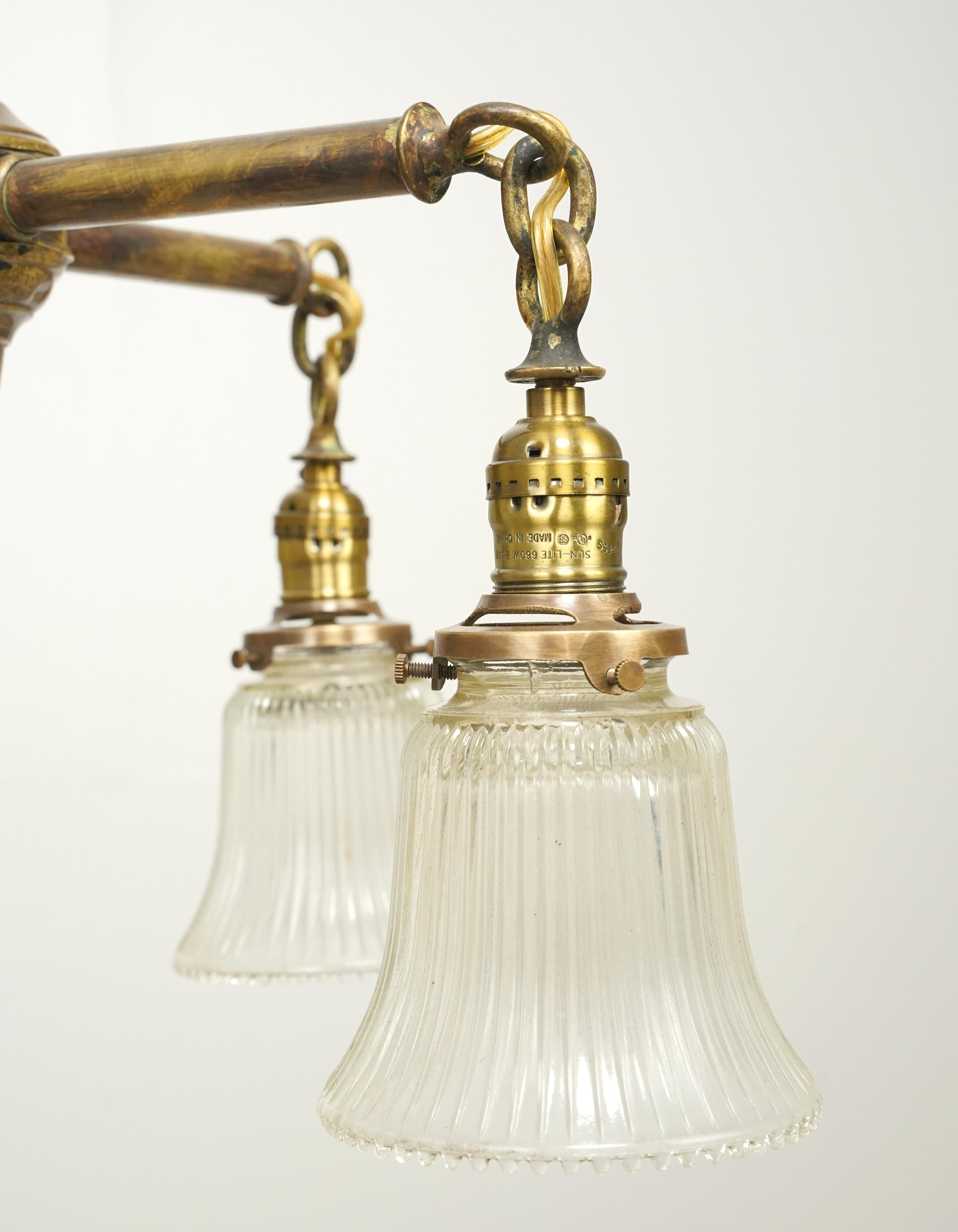 20th Century Traditional Brass 4 Arm Glass Shades Pole Chandelier For Sale