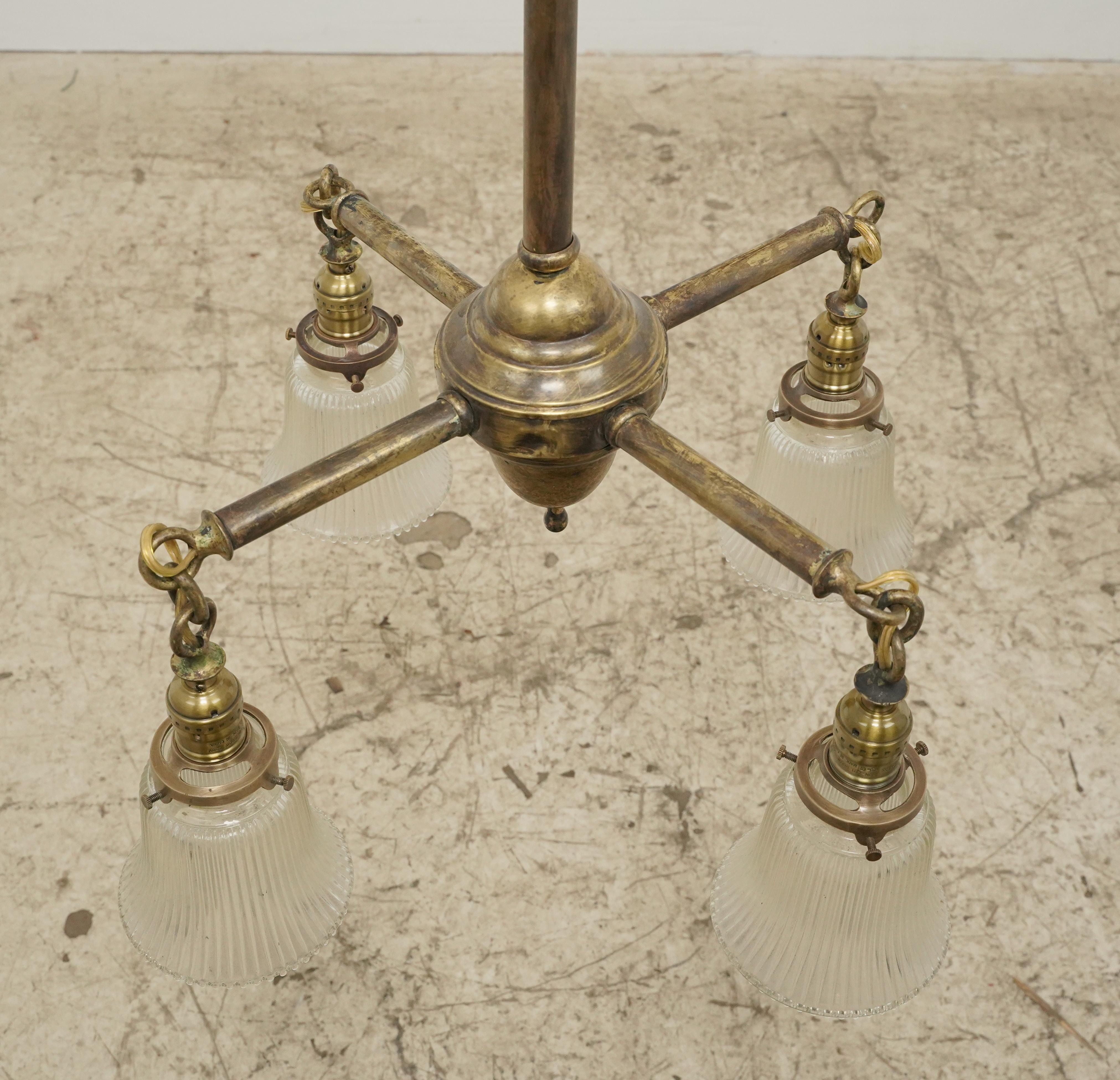 Traditional Brass 4 Arm Glass Shades Pole Chandelier For Sale 1