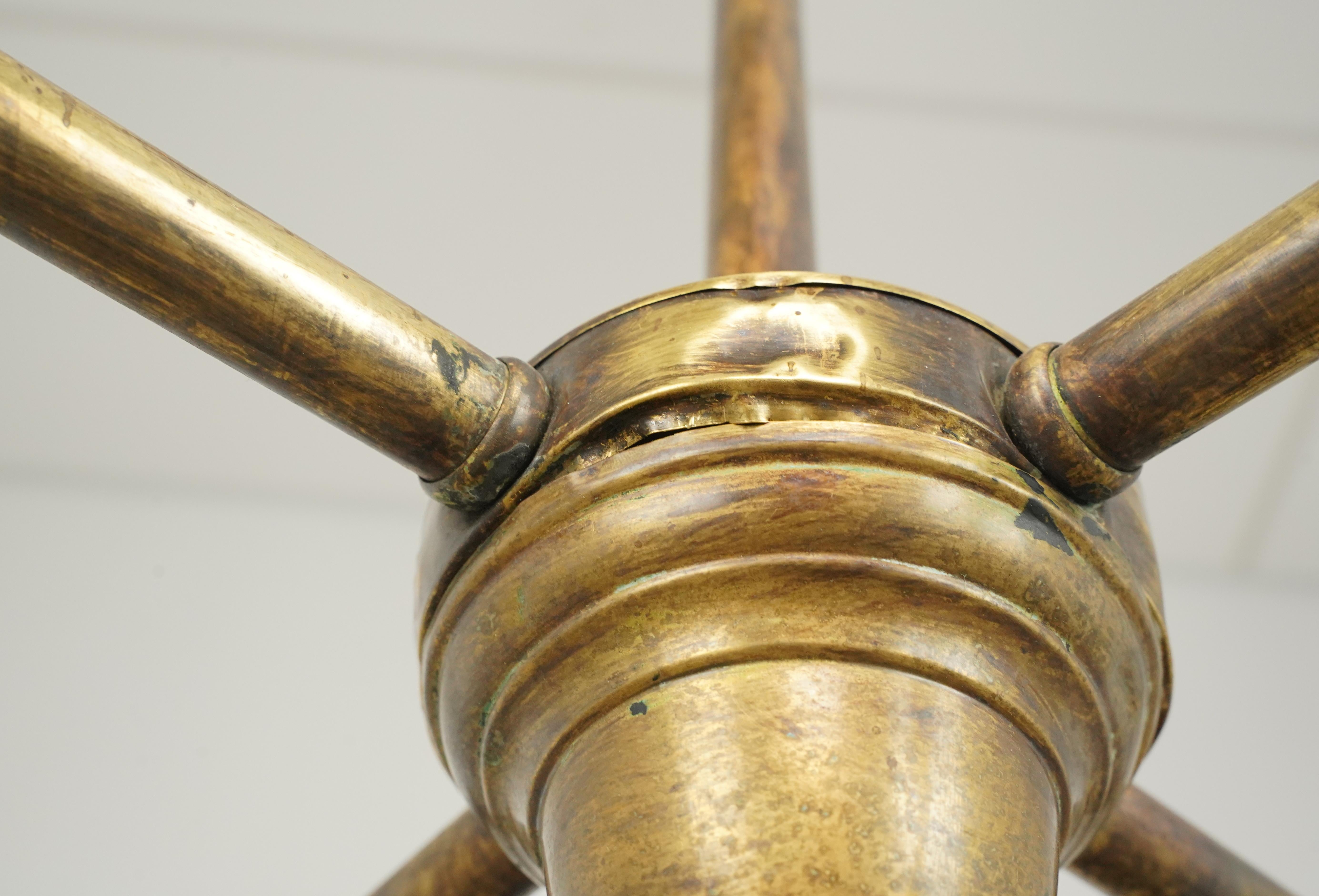 Traditional Brass 4 Arm Glass Shades Pole Chandelier For Sale 3