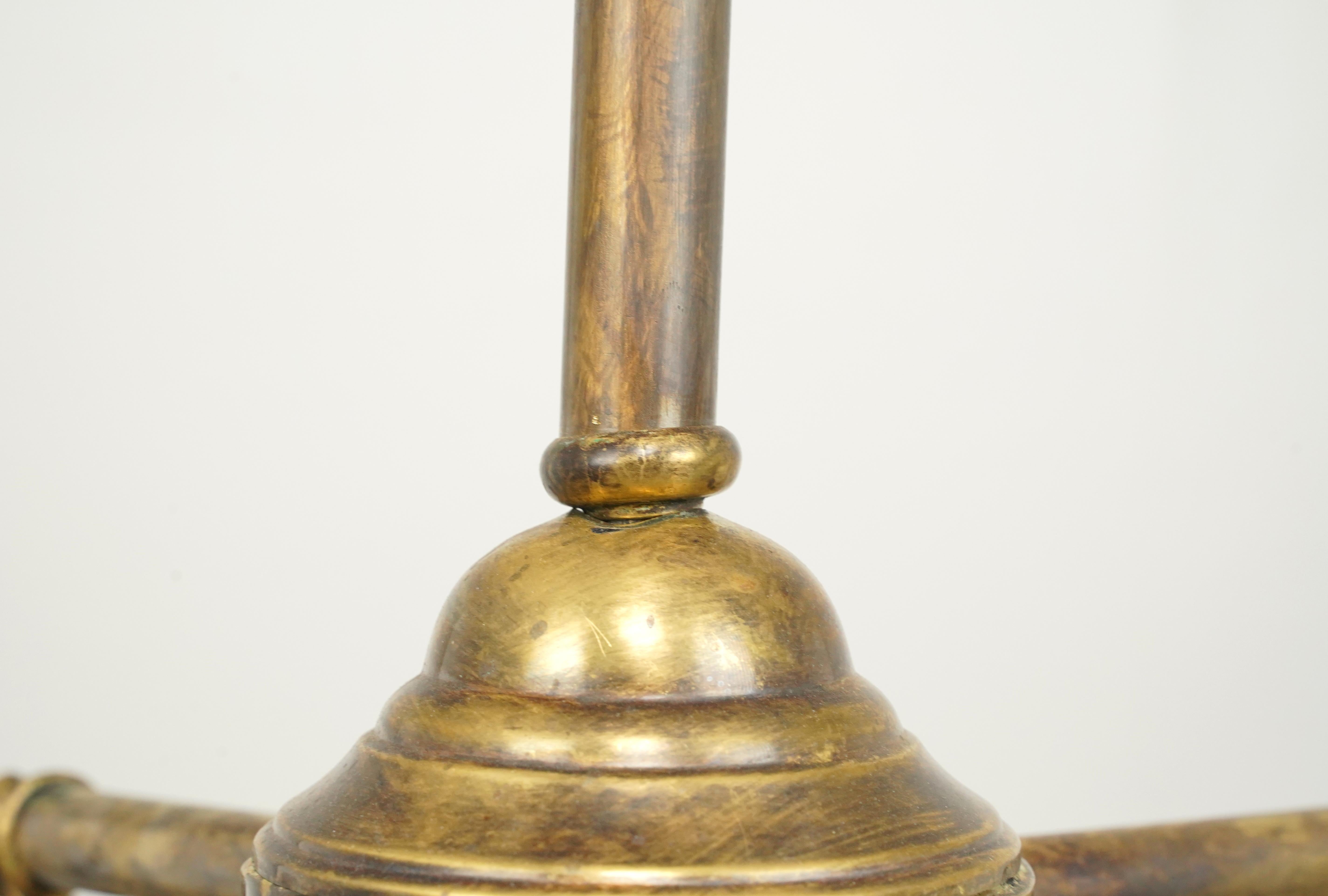 Traditional Brass 4 Arm Glass Shades Pole Chandelier For Sale 4