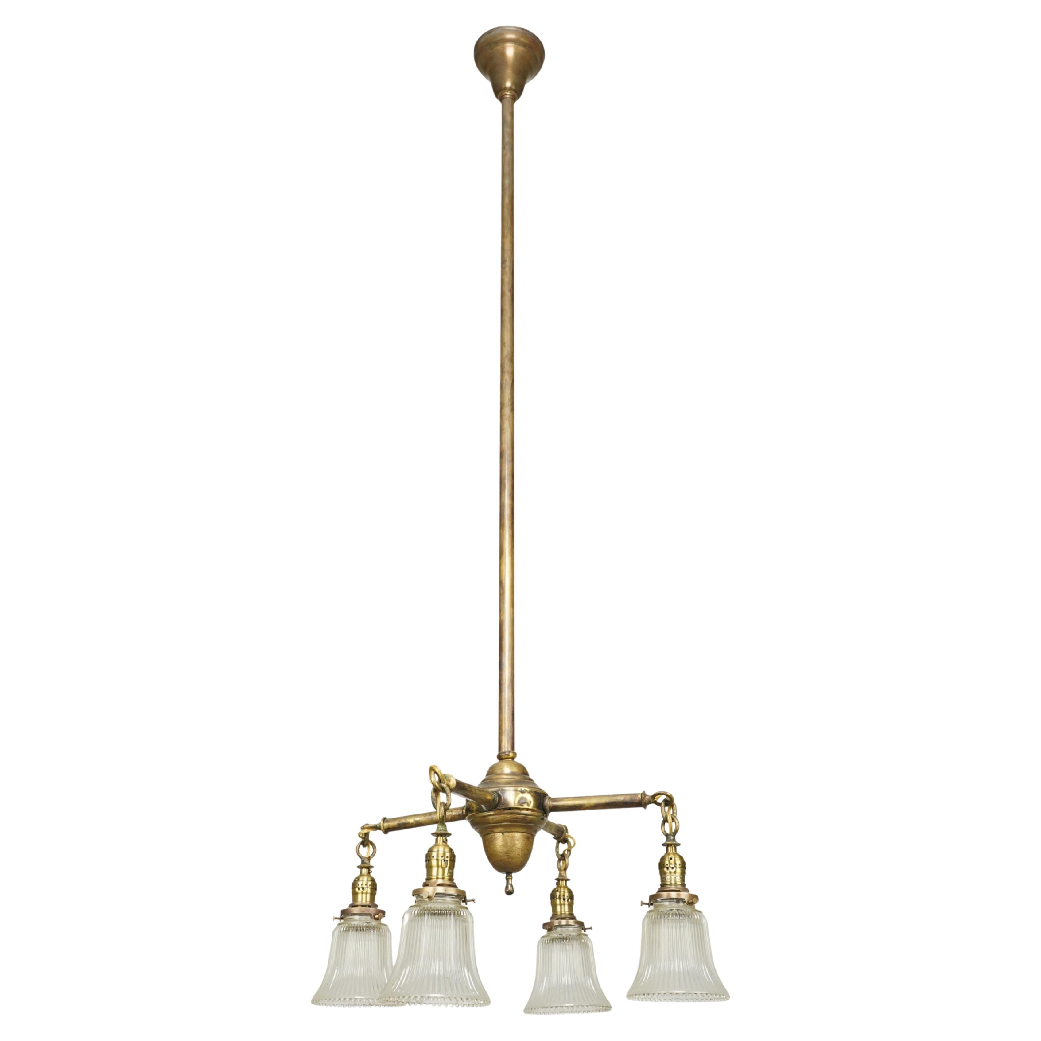 Traditional Brass 4 Arm Glass Shades Pole Chandelier