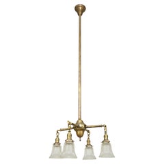 Vintage Traditional Brass 4 Arm Glass Shades Pole Chandelier