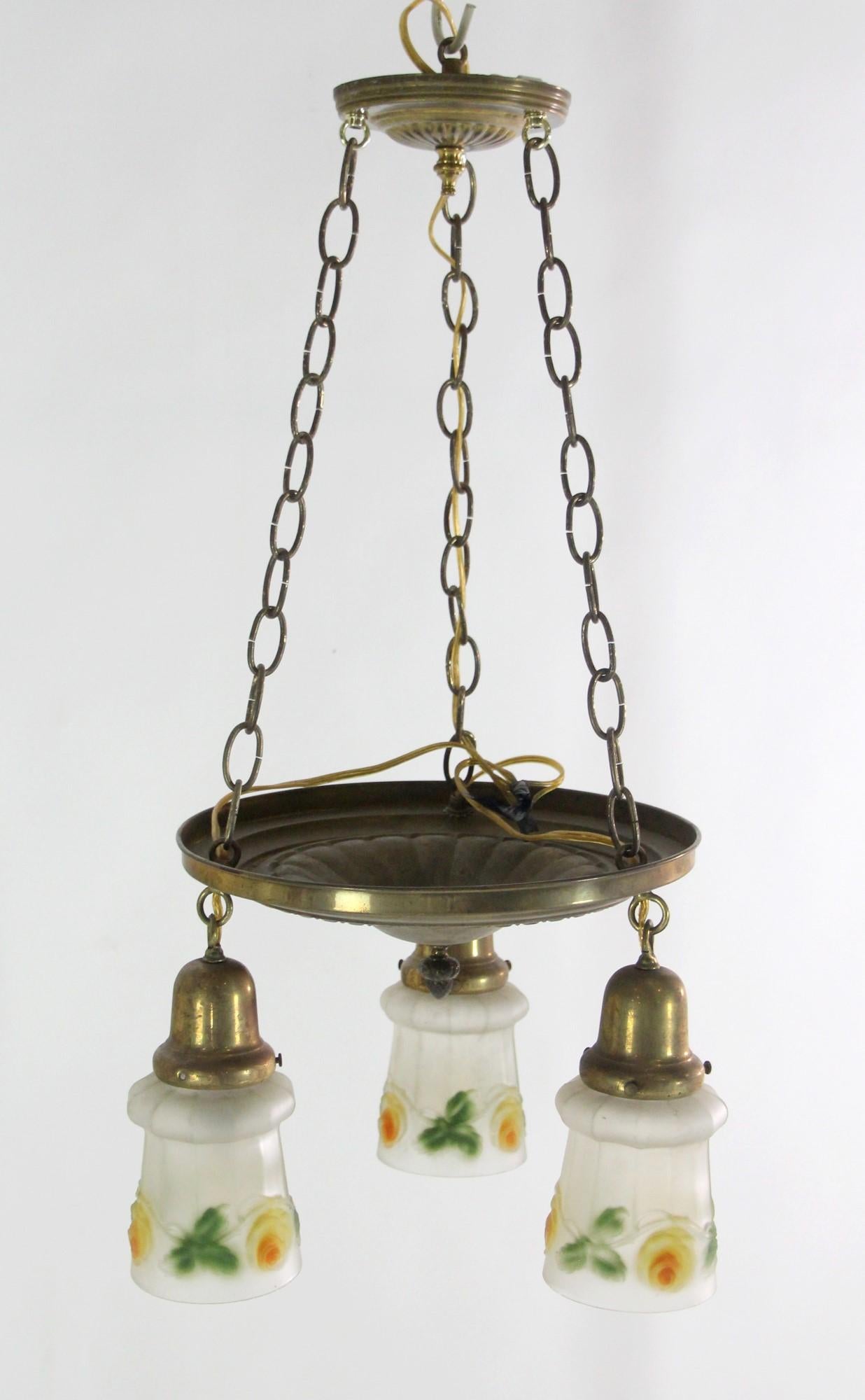 American Traditional Brass Pendant Light Floral Hand-Painted Glass Shades 3 Lights