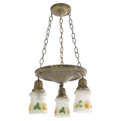 Vintage Traditional Brass Pendant Light Floral Hand-Painted Glass Shades 3 Lights