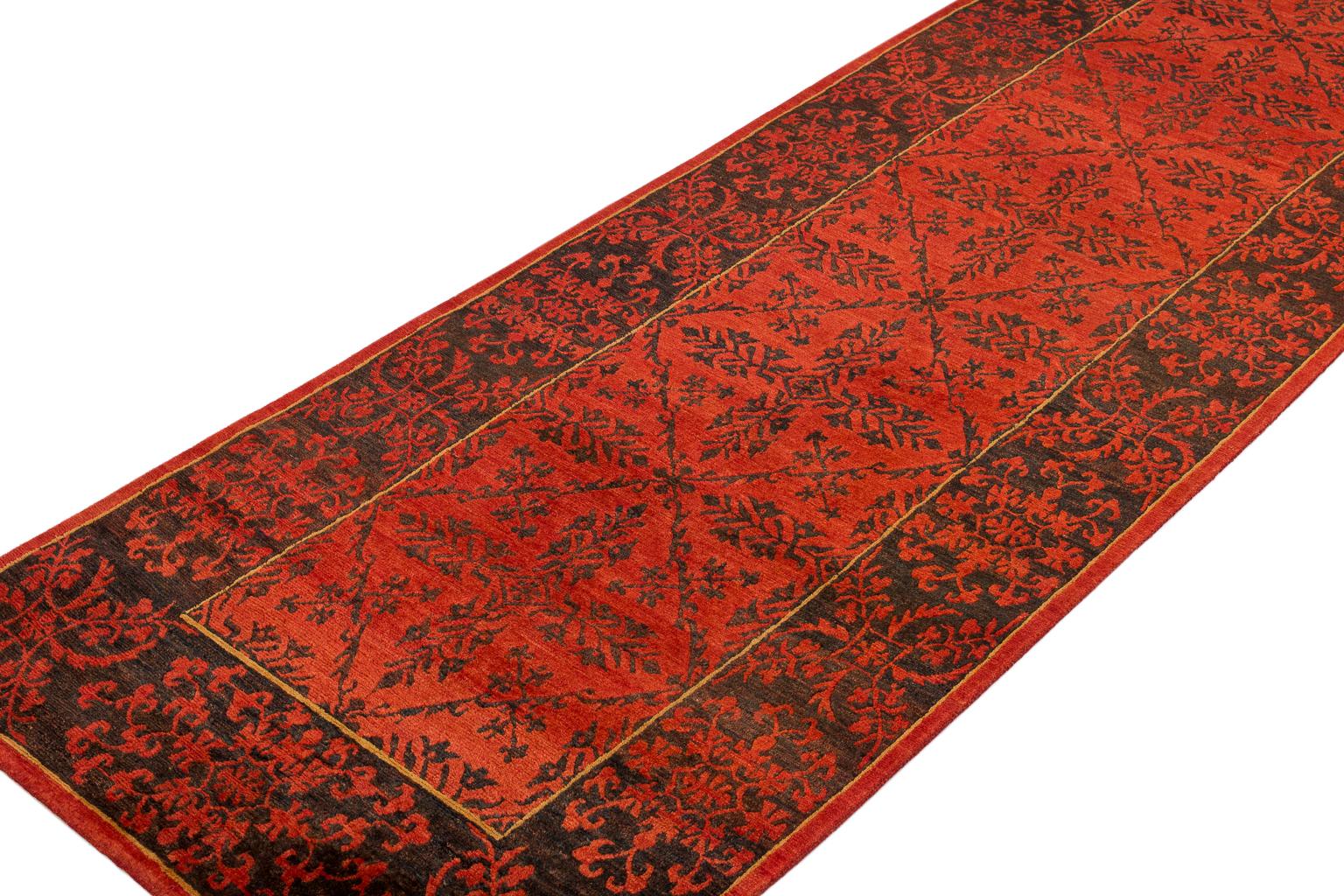 Modern Traditional Brown and Red Runner For Sale