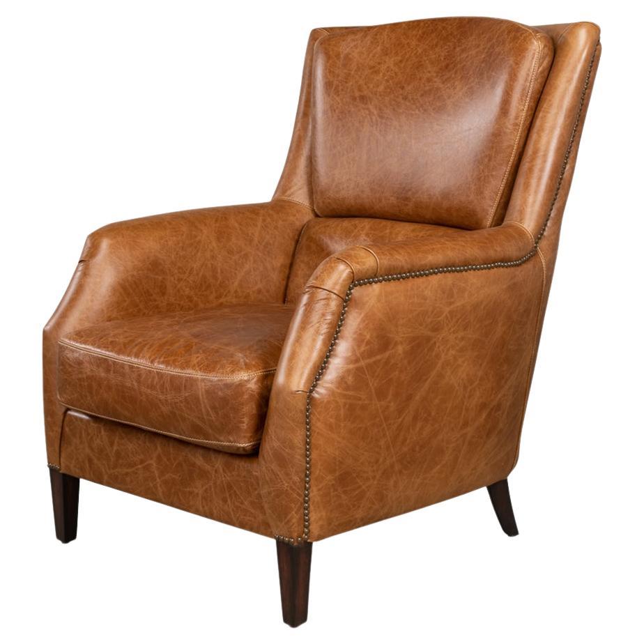 Traditional Brown Leather Armchair For Sale