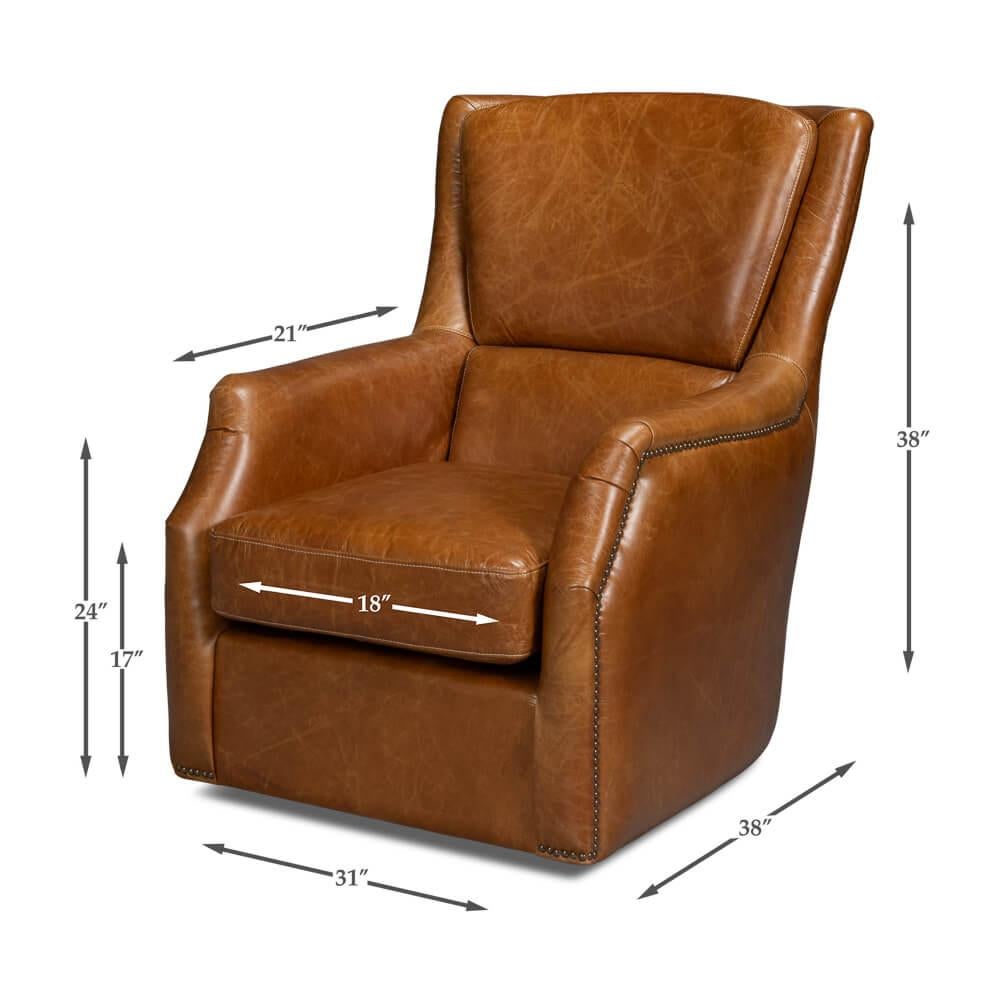 Traditional Brown Leather Swivel Chair For Sale 6