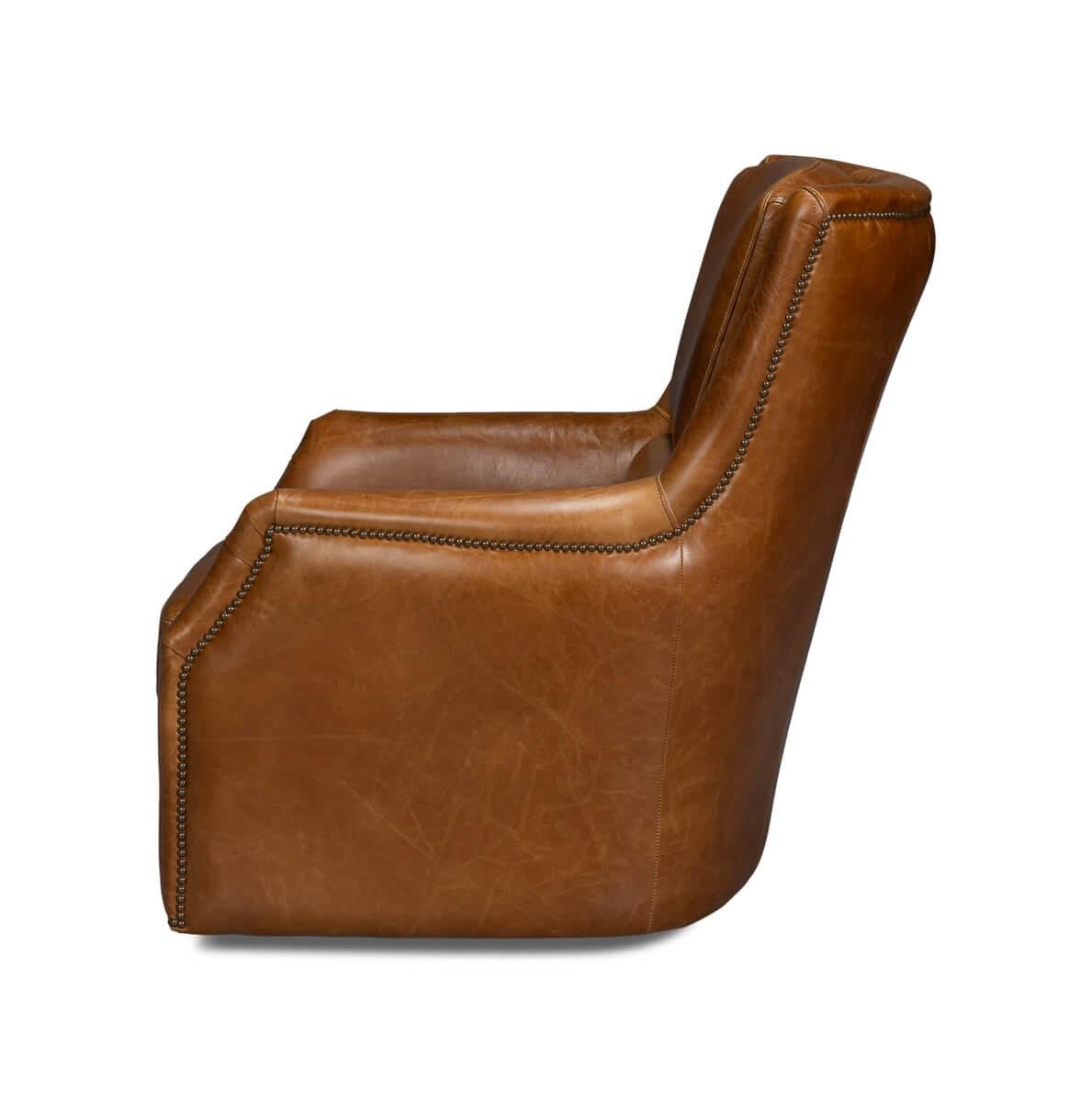American Classical Traditional Brown Leather Swivel Chair For Sale