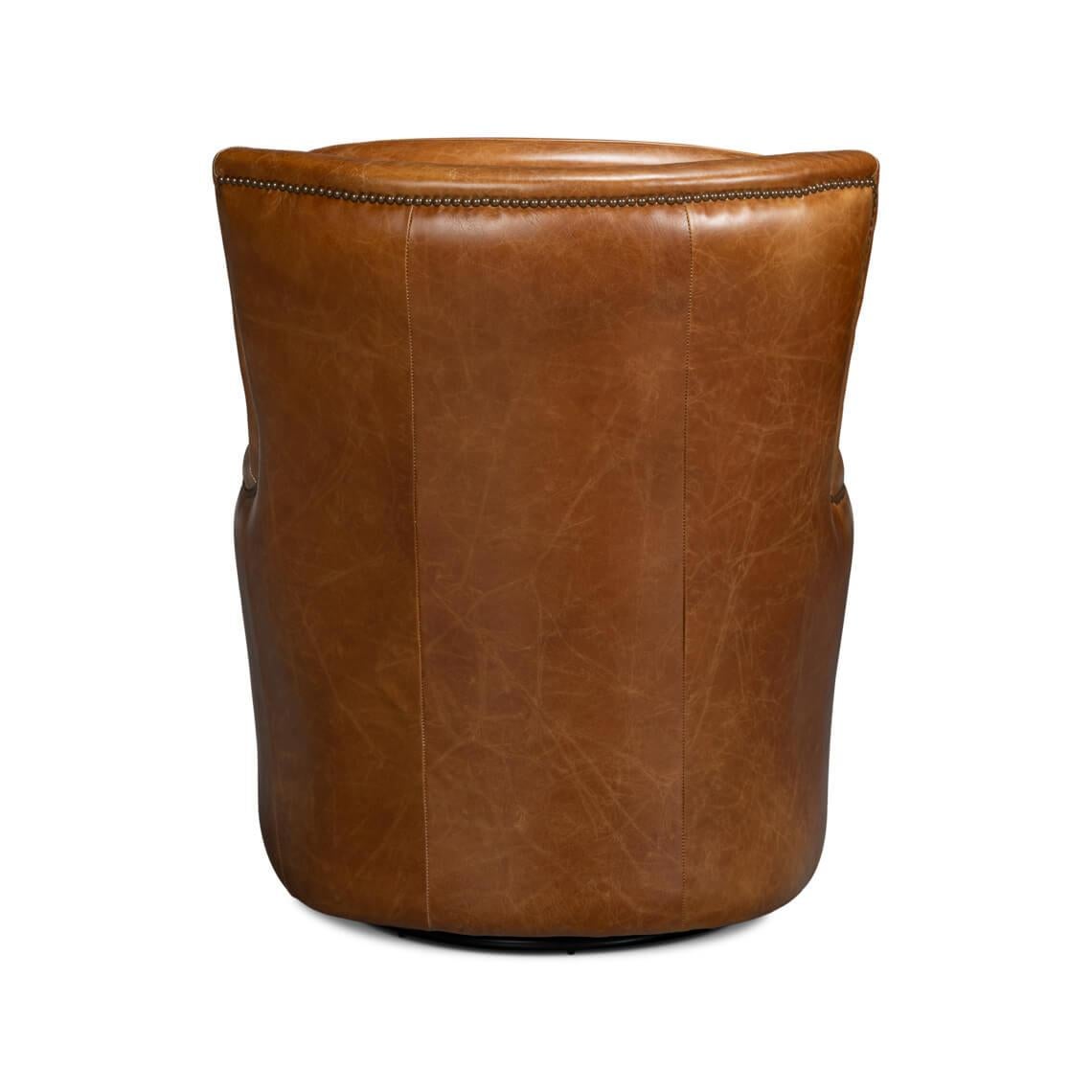 Asian Traditional Brown Leather Swivel Chair For Sale
