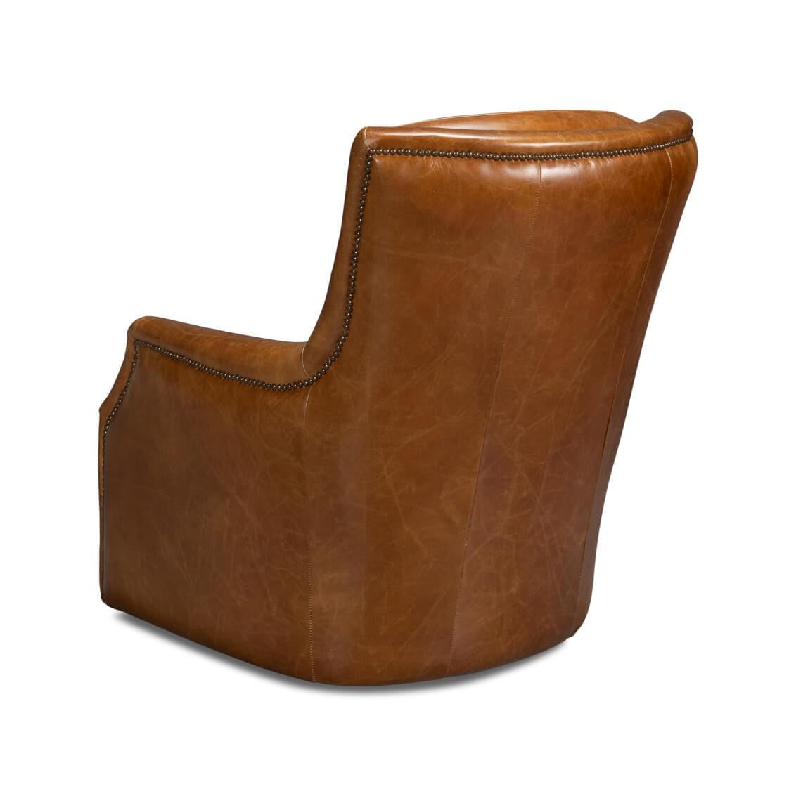 Traditional Brown Leather Swivel Chair In New Condition For Sale In Westwood, NJ