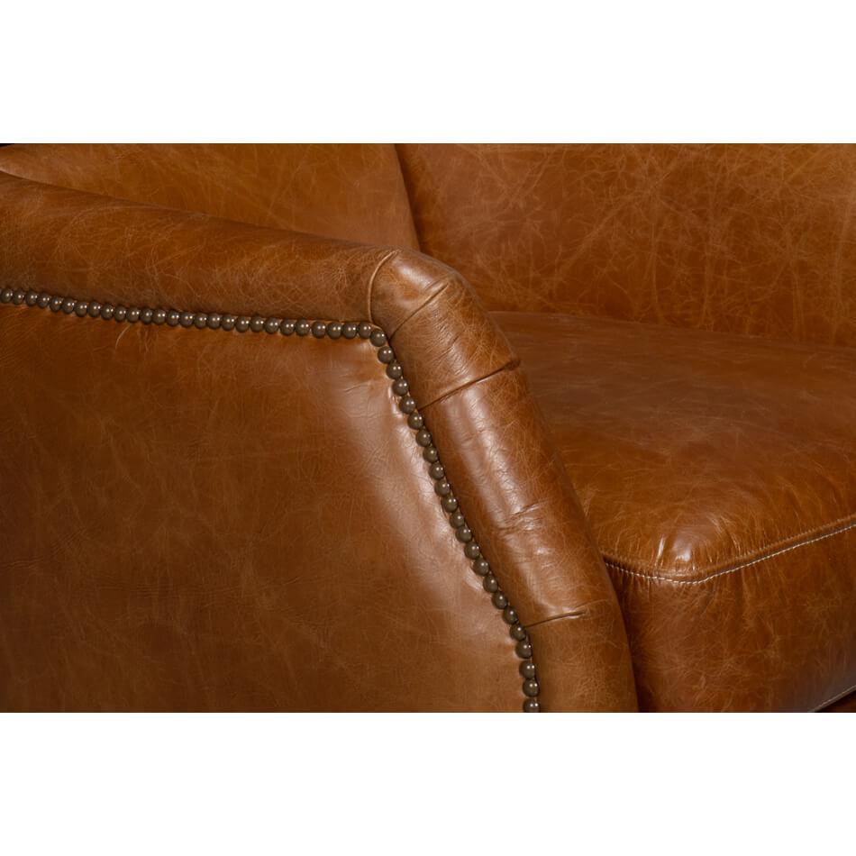 Contemporary Traditional Brown Leather Swivel Chair For Sale