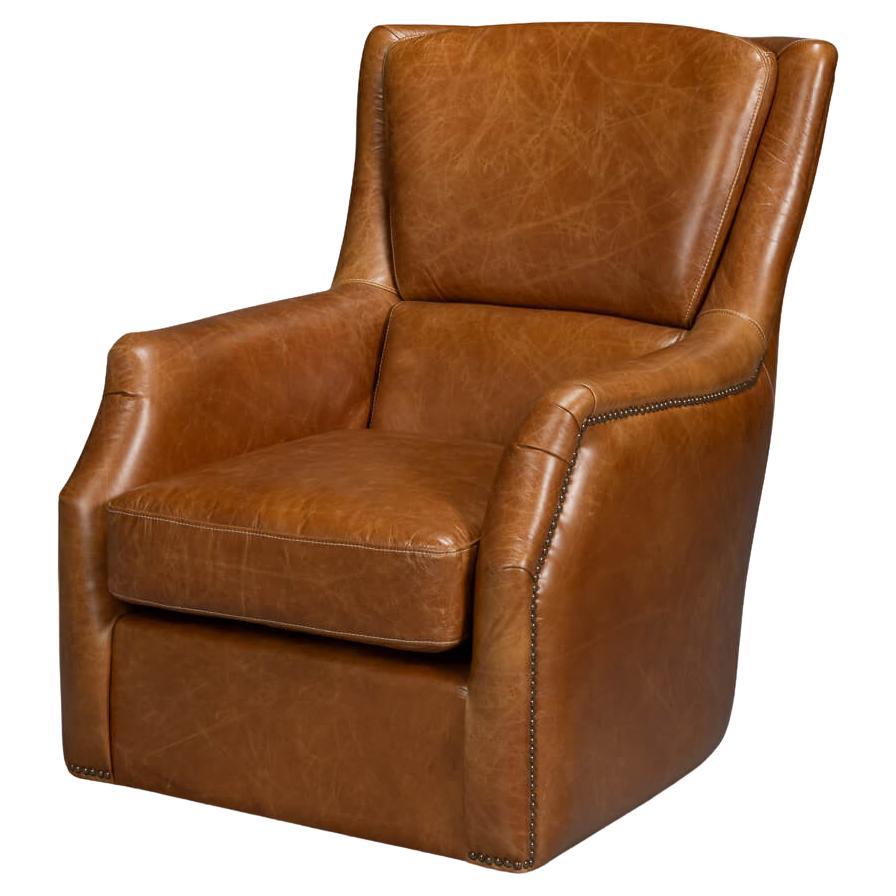 Traditional Brown Leather Swivel Chair For Sale