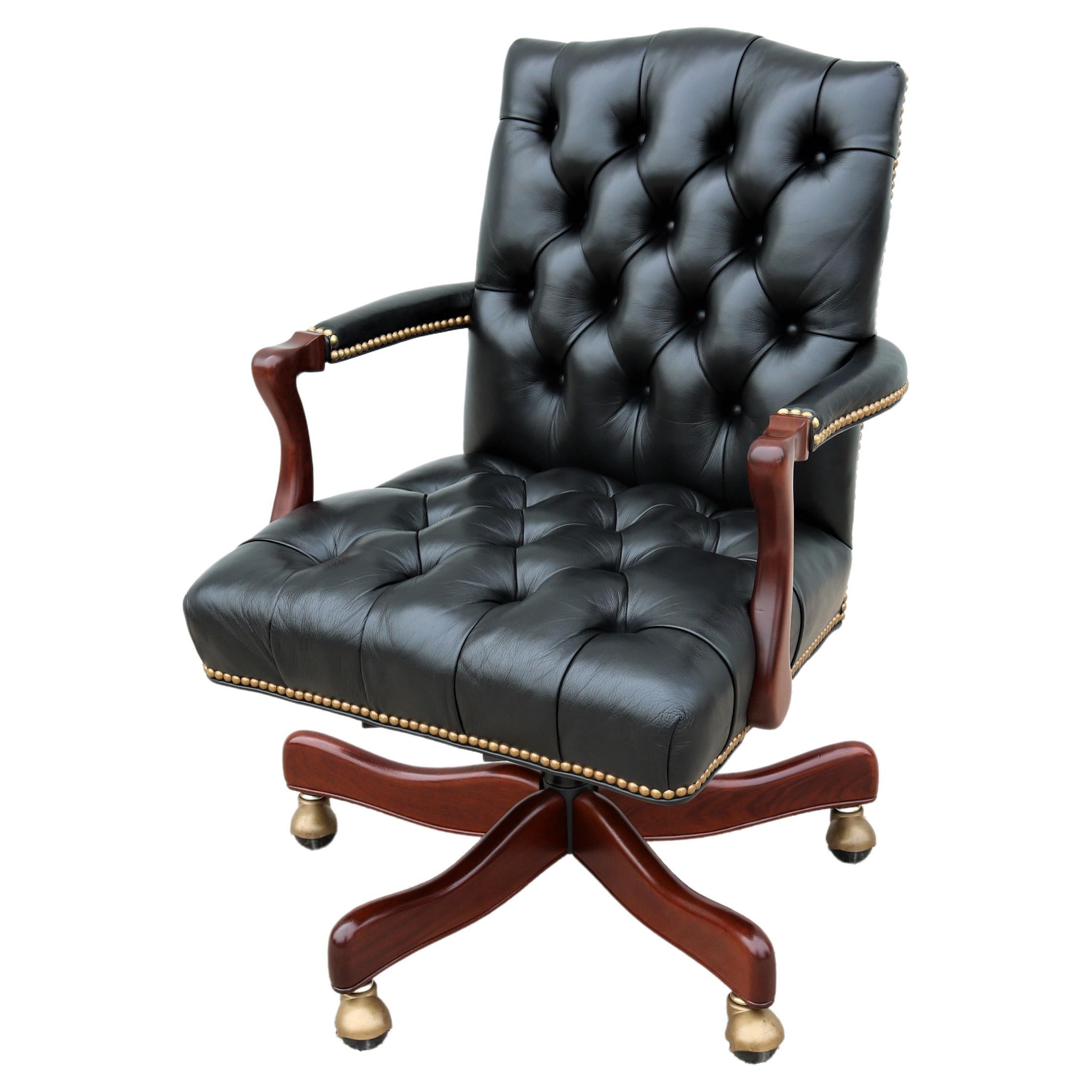 Traditional Cabot Wrenn Graham Tufted Black Leather Executive Swivel Desk Chair For Sale