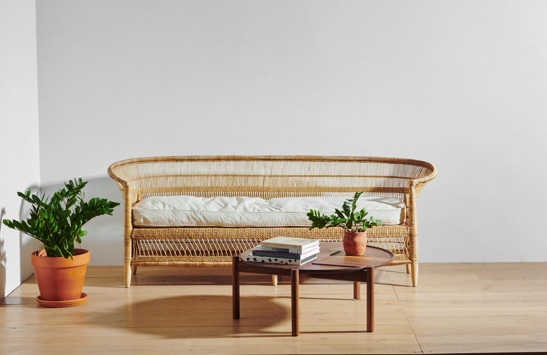 Hand-Woven Handwoven Malawi Cane Sofa in Traditional Weave with White Linen Cushion - 83