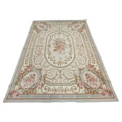 Traditional Carpet Aubusson Area Rug Blue Handwoven Wool Needlepoint