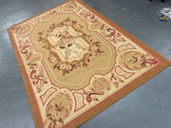Traditional Carpet Aubusson Rug Golden Brown Handwoven Wool Needlepoint Rug Sale