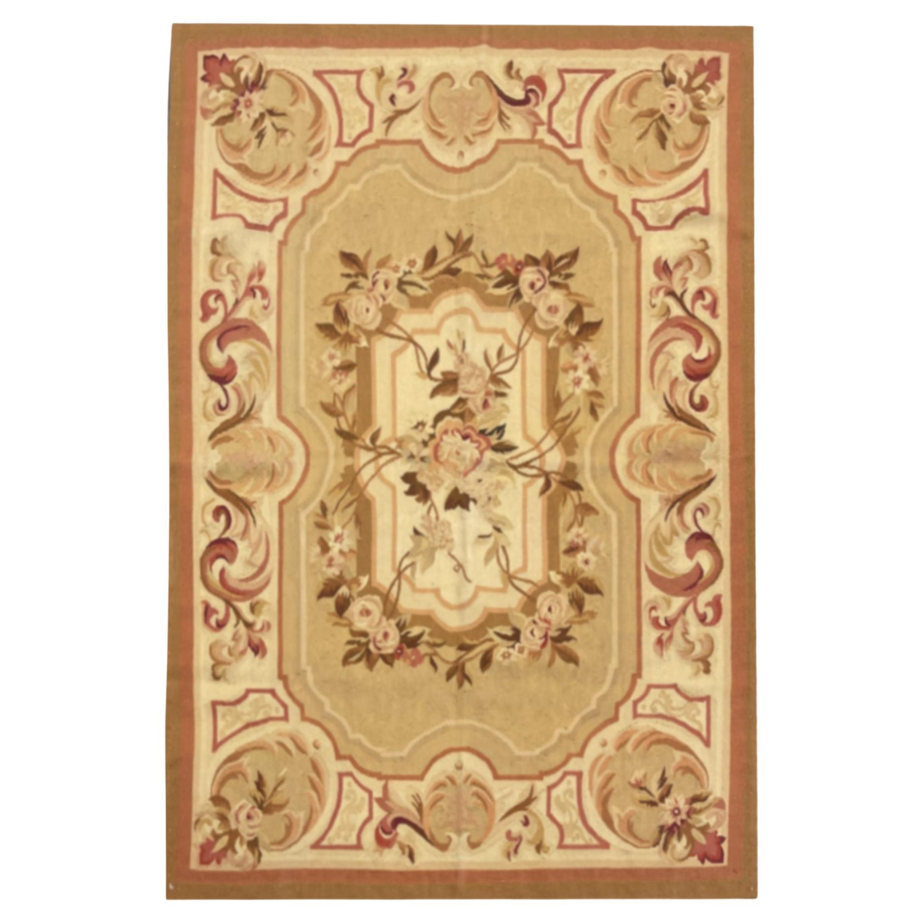 Traditional Carpet Aubusson Rug Golden Brown Handwoven Wool Needlepoint Rug Sale