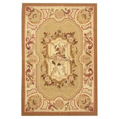 Traditional Carpet Aubusson Rug Golden Brown Handwoven Wool Needlepoint Rug Sale