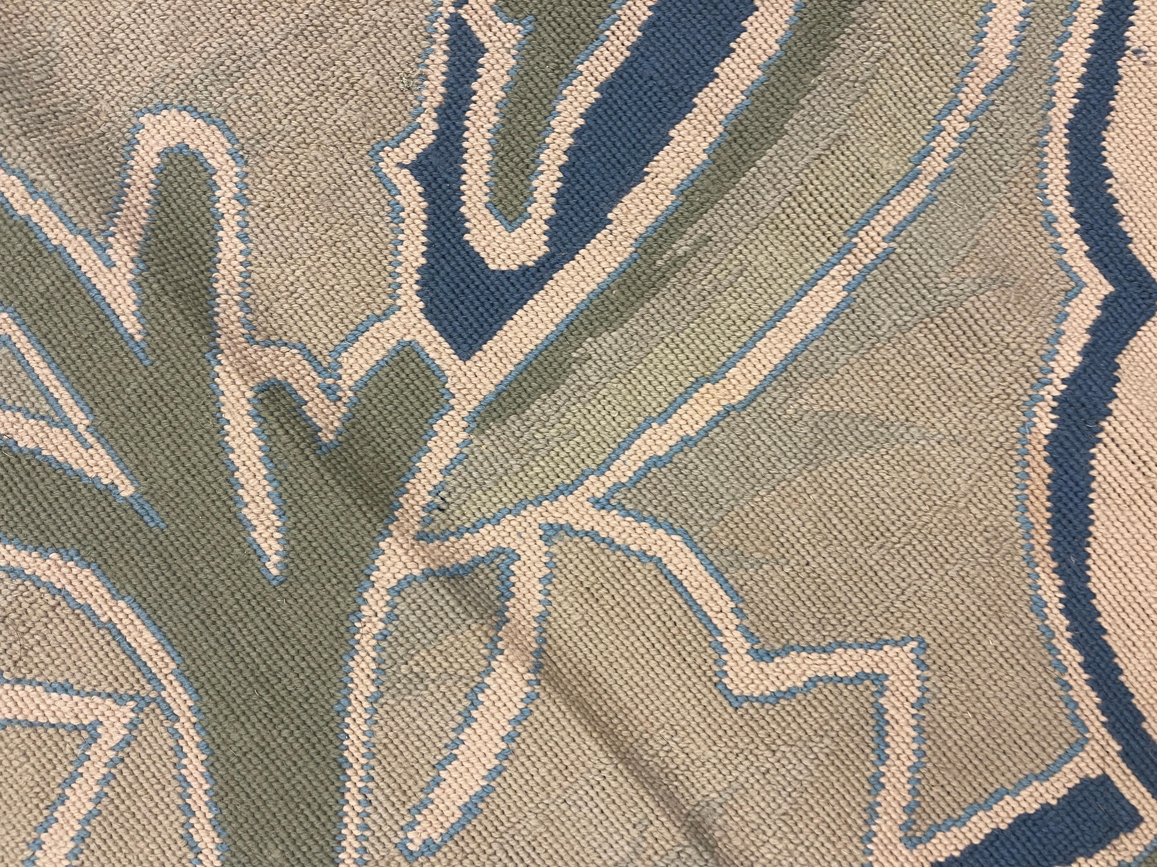 Late 20th Century Botanical Carpet Aubusson Rug Green Handwoven Wool Needlepoint Livingroom Rug For Sale