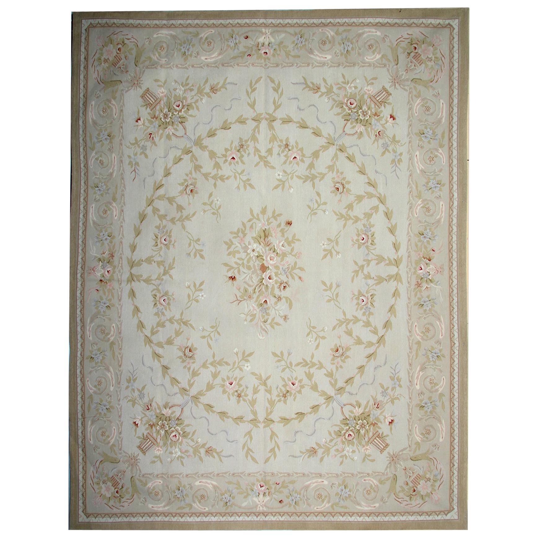 Traditional Carpet Aubusson Style Area Rug Handwoven Wool Needlepoint For Sale