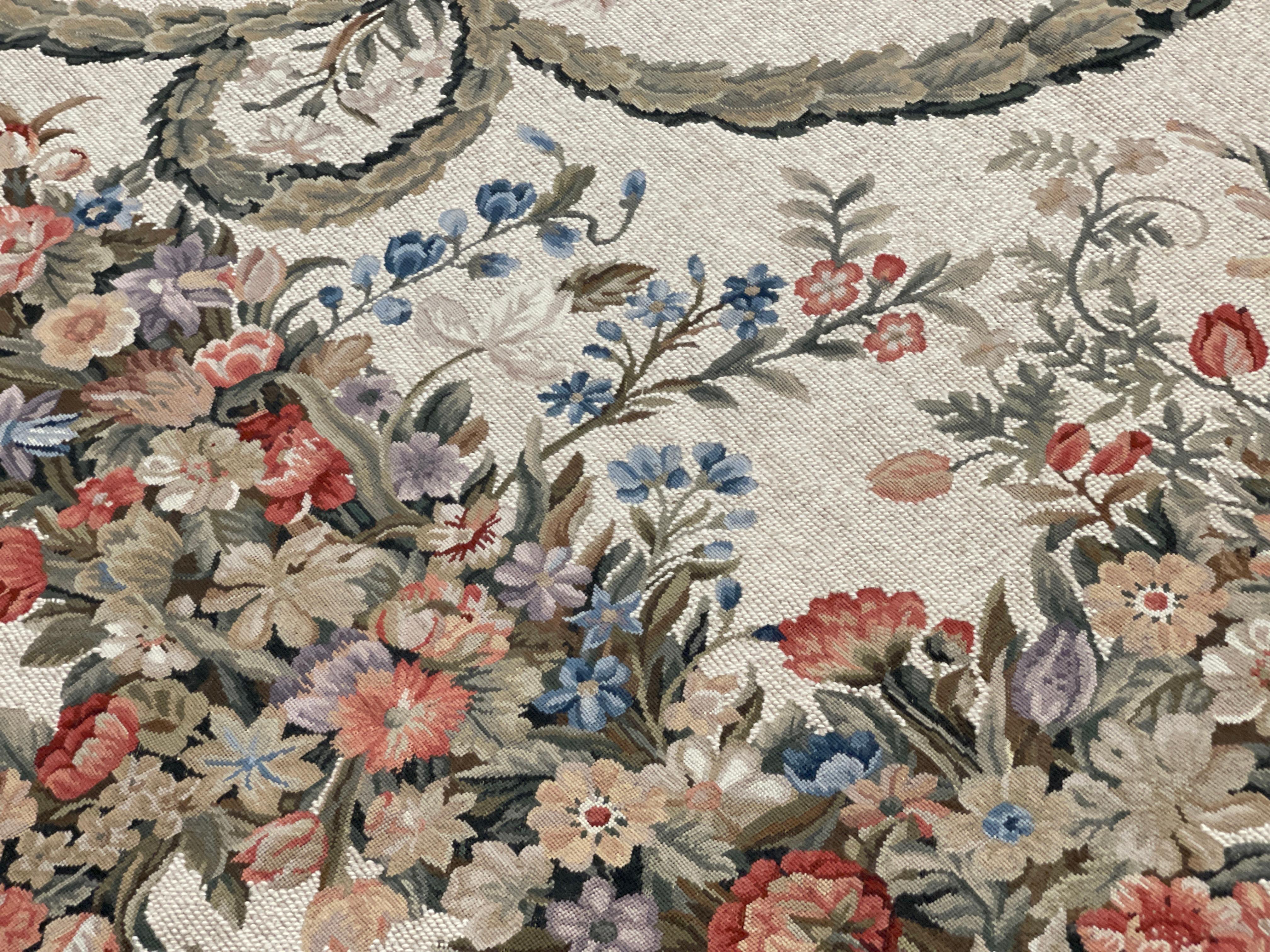 Hand-Knotted Traditional Carpet Floral Aubusson Rug Magnificent Handwoven Wool Needlepoint For Sale