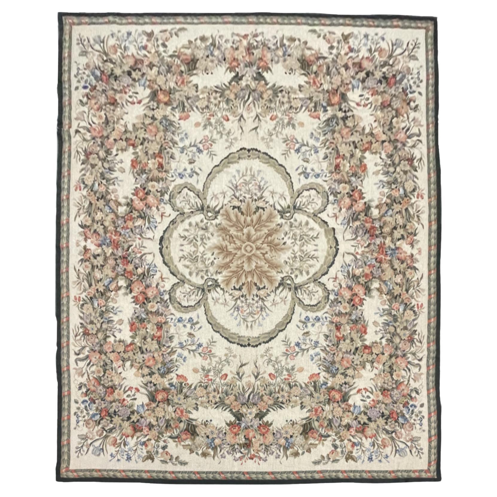 Tapis traditionnel floral Aubusson magnifique broderie à l'aiguille en laine tissée à la main