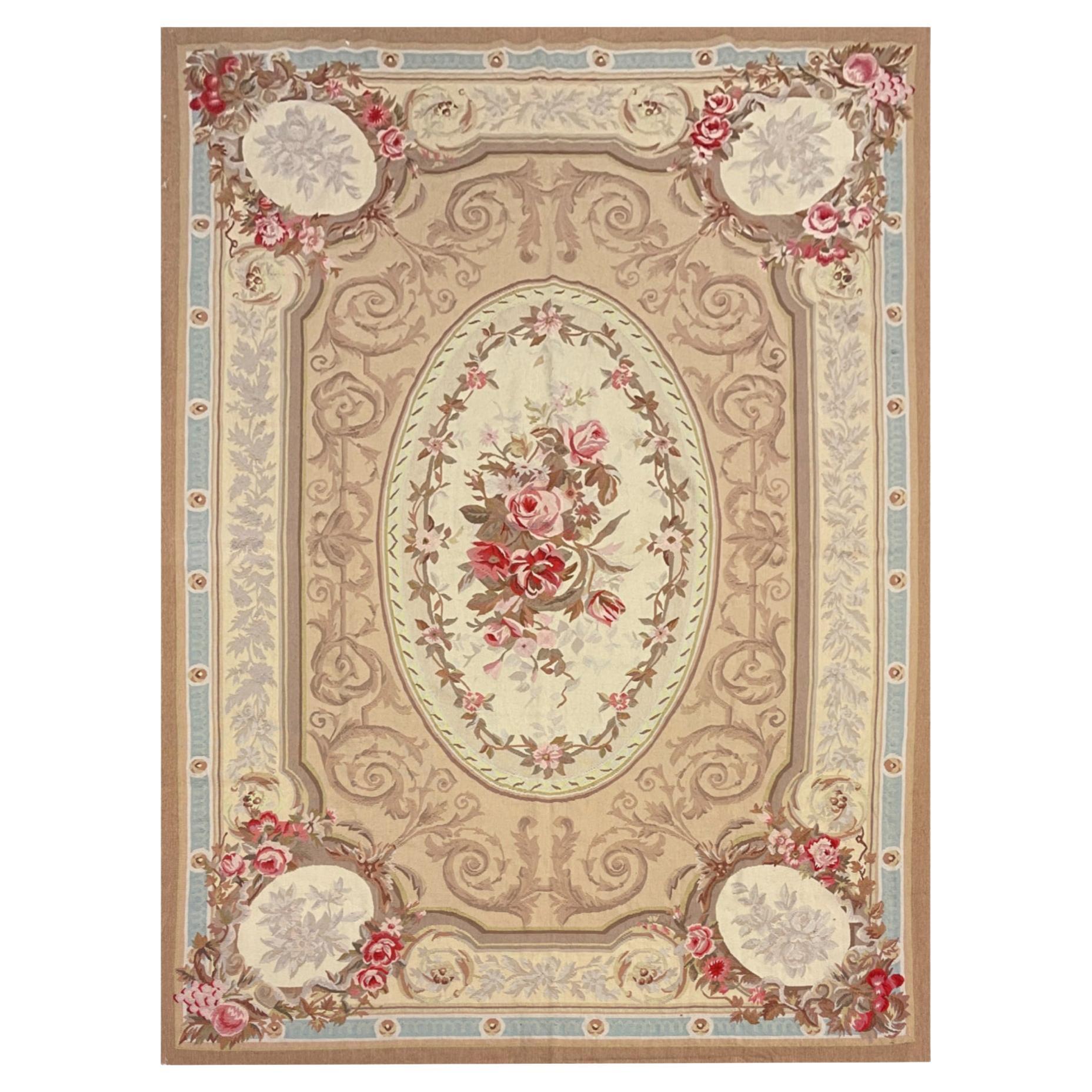 Traditional Carpet French Aubusson Style Area Rug Handwoven Wool Rug Needlepoint For Sale