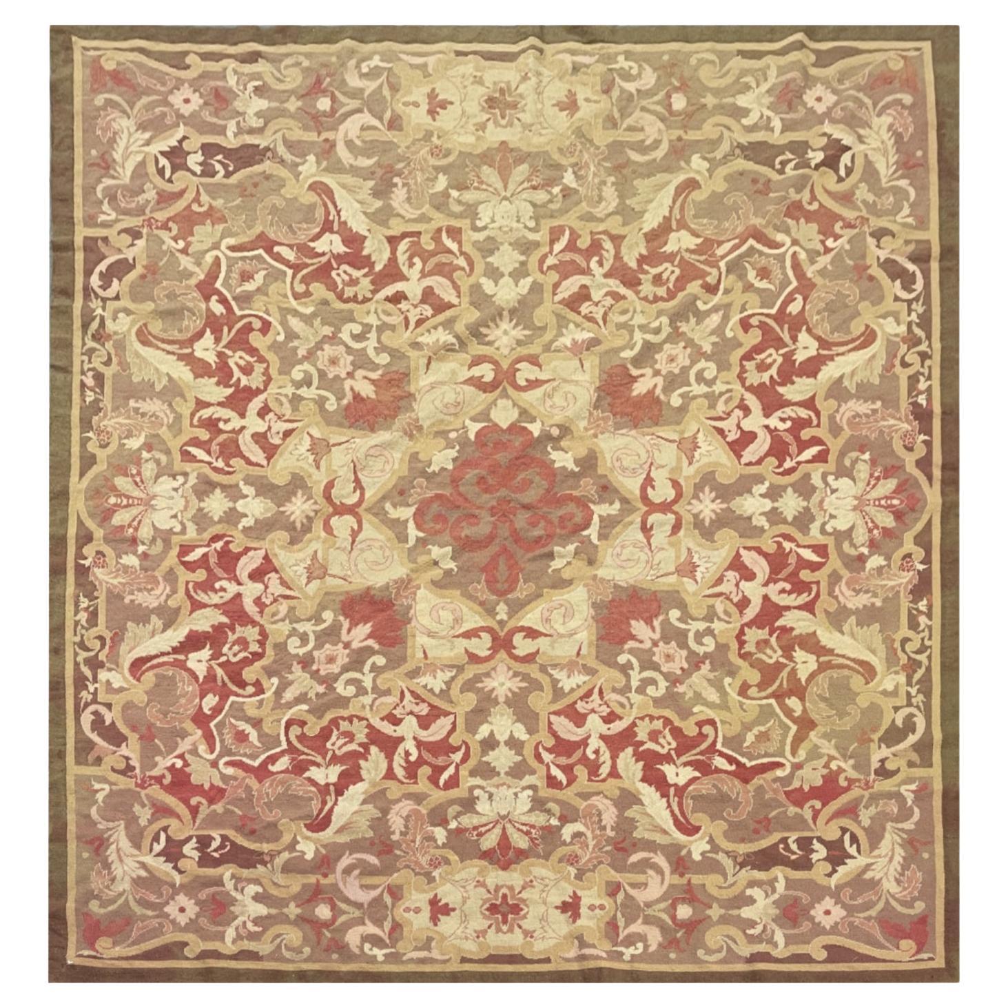 Traditional Carpet Square Aubusson Rug Brown Area Rug Handwoven Wool Needlepoint For Sale