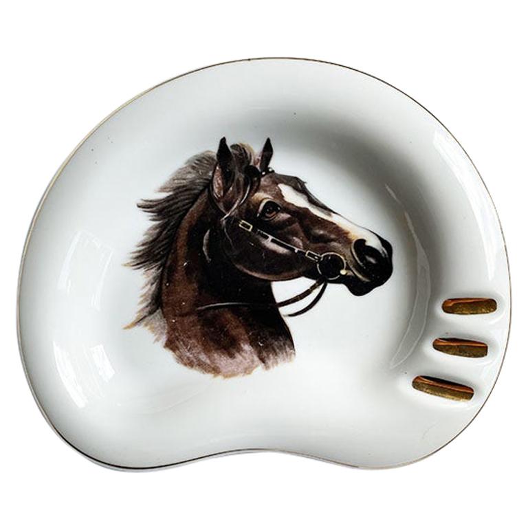 Traditional Ceramic Equine Horse Ashtray in Brown and Gold