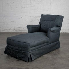 Traditional Chaise Lounge with Navy Blue Cotton Moire Fabric and Rolled Arms