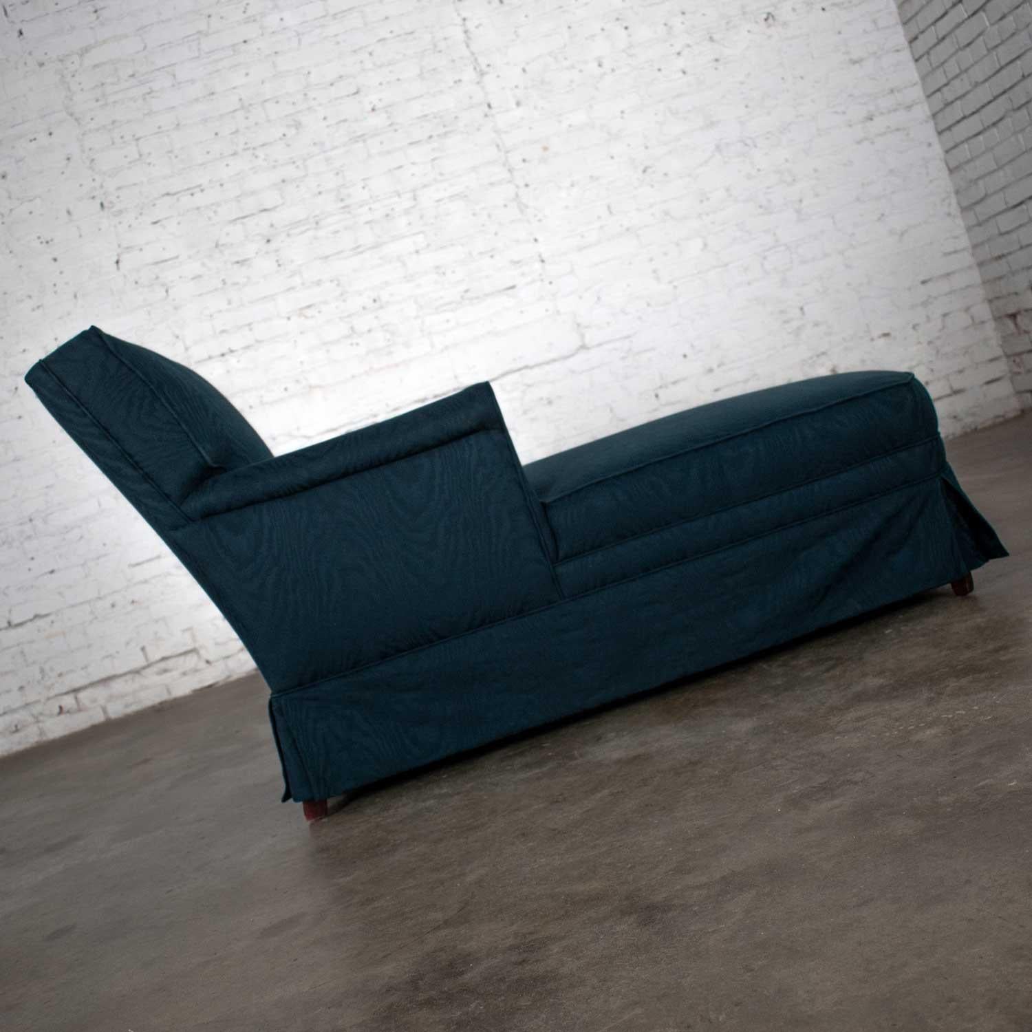 Unknown Traditional Chaise Lounge with Navy Blue Cotton Moire Fabric and Rolled Arms