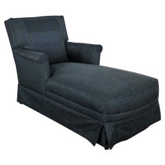 Traditional Chaise Lounge with Navy Blue Cotton Moire Fabric and Rolled Arms