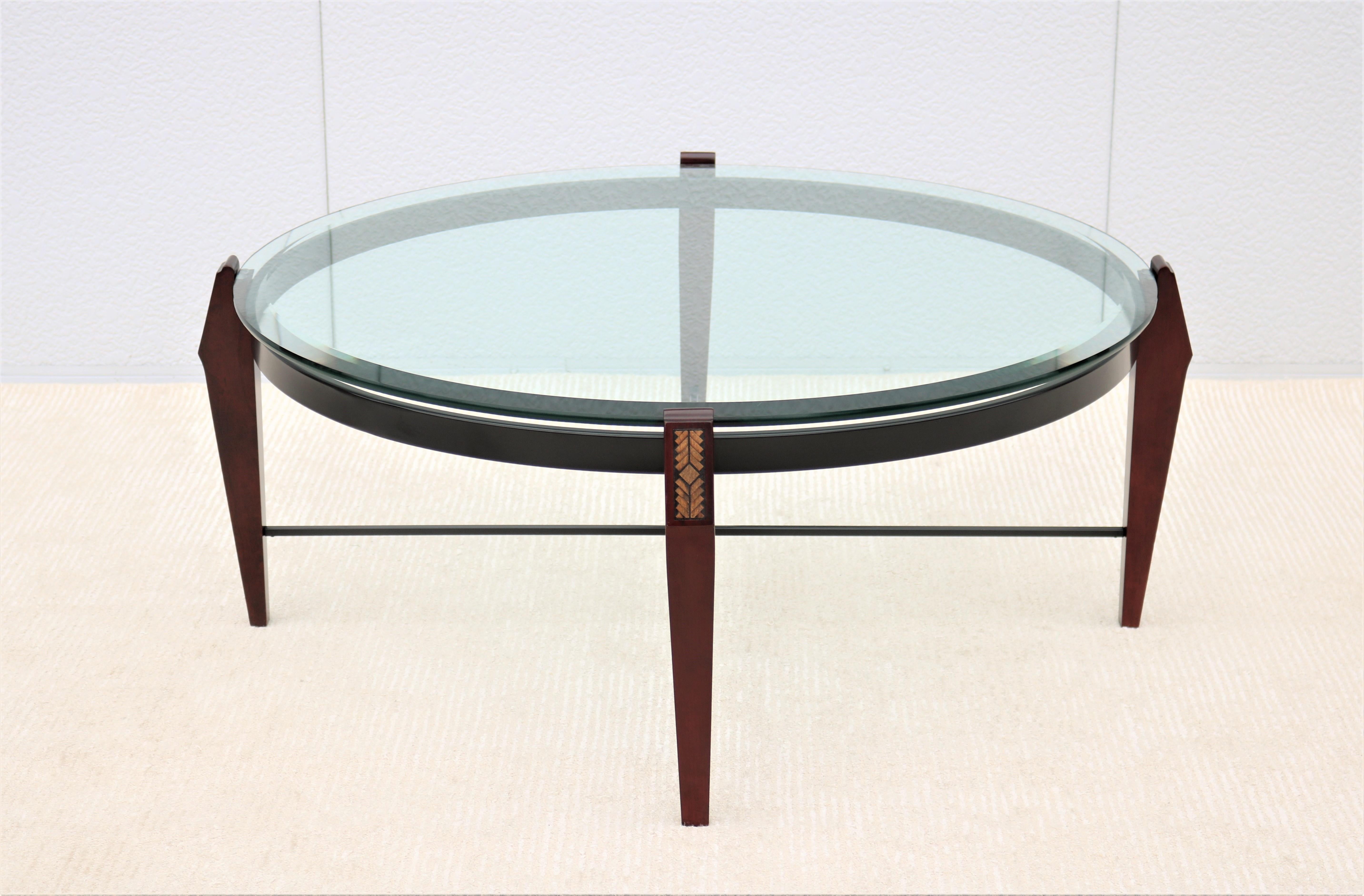 Post-Modern Traditional Cherry Wood and Transparent Glass Round Coffee Table For Sale
