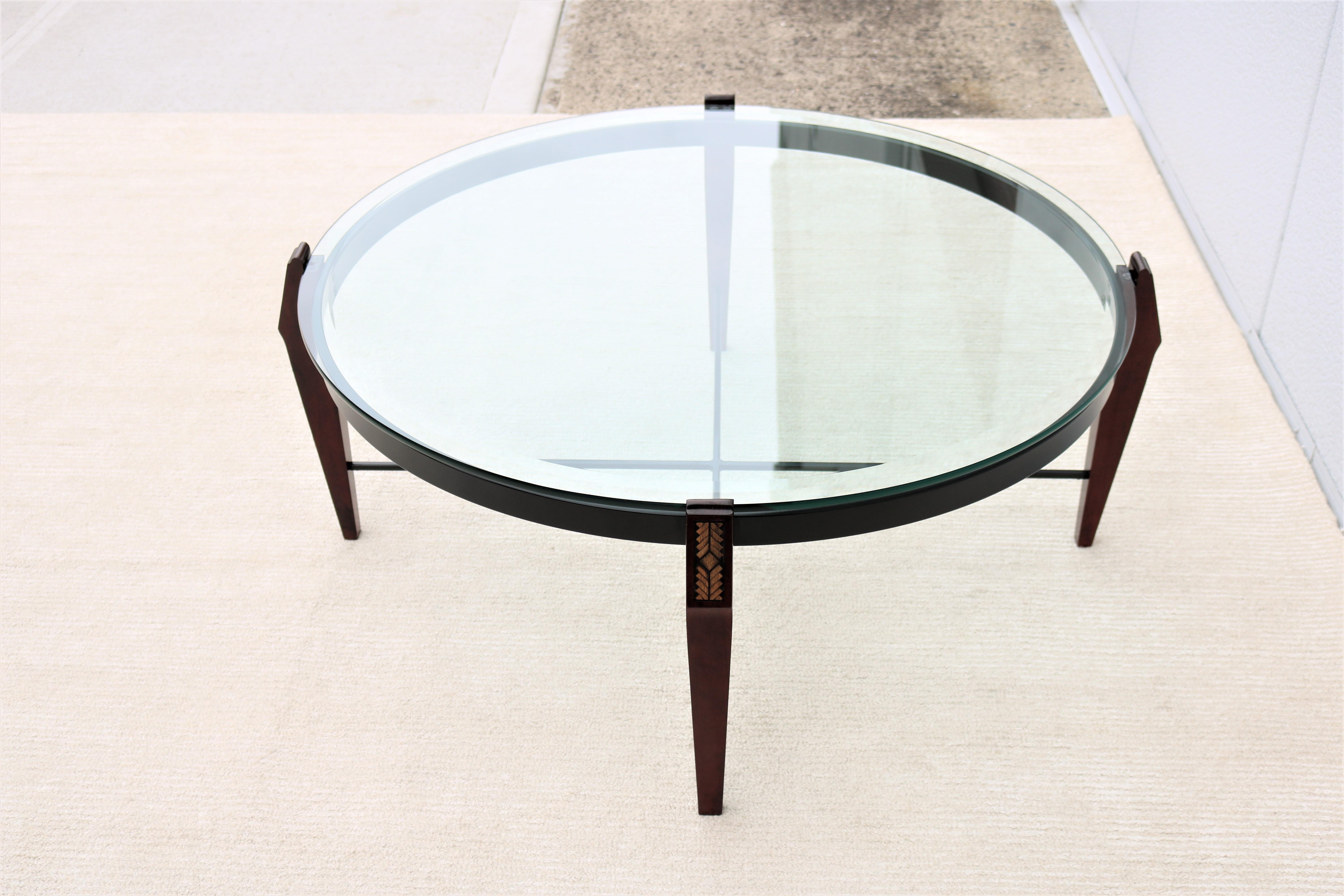 Metal Traditional Cherry Wood and Transparent Glass Round Coffee Table For Sale