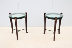 Traditional Cherry Wood and Transparent Glass Round Side Tables - a Pair