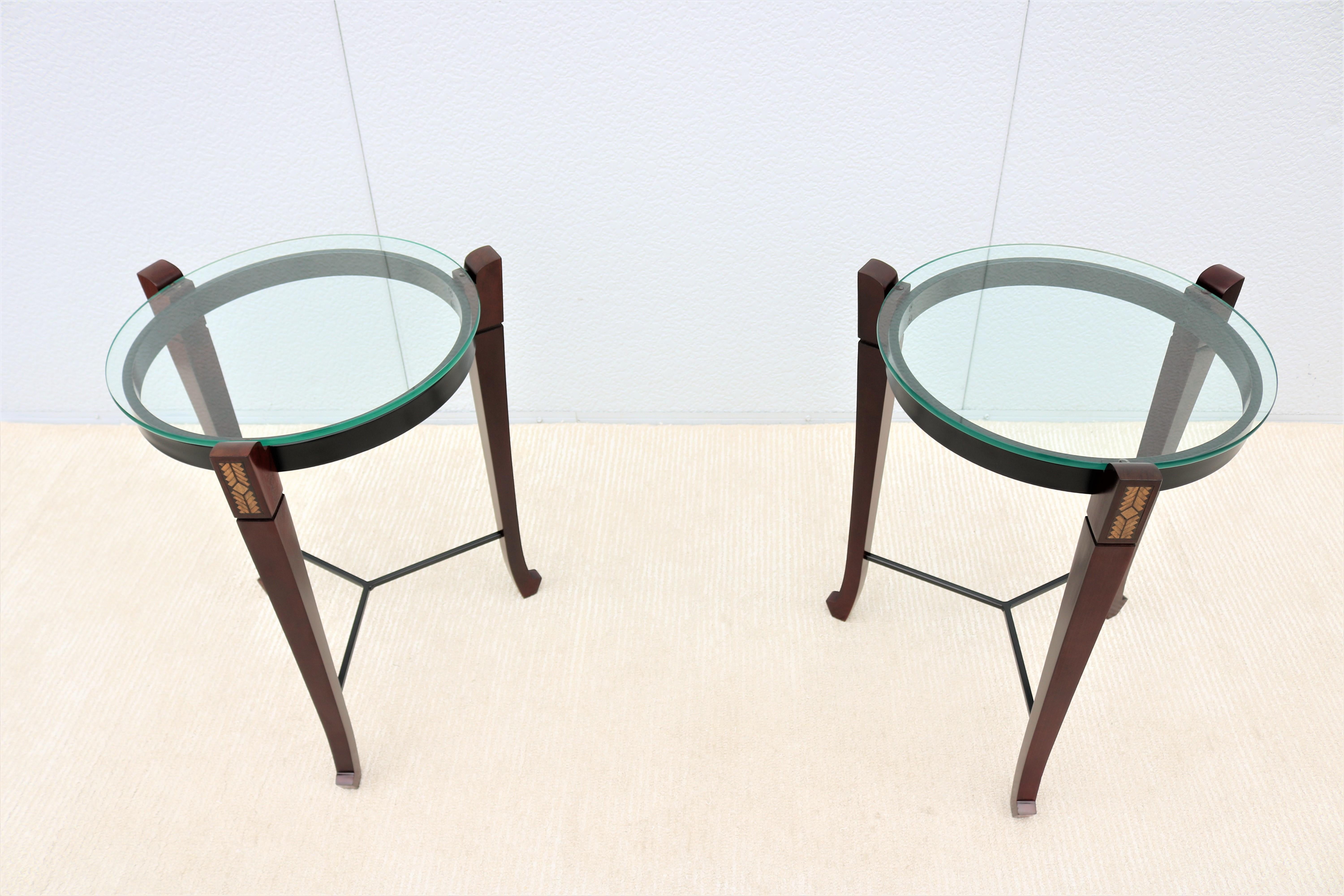 Post-Modern Traditional Cherry Wood and Transparent Glass Round Side Tables - a Pair For Sale