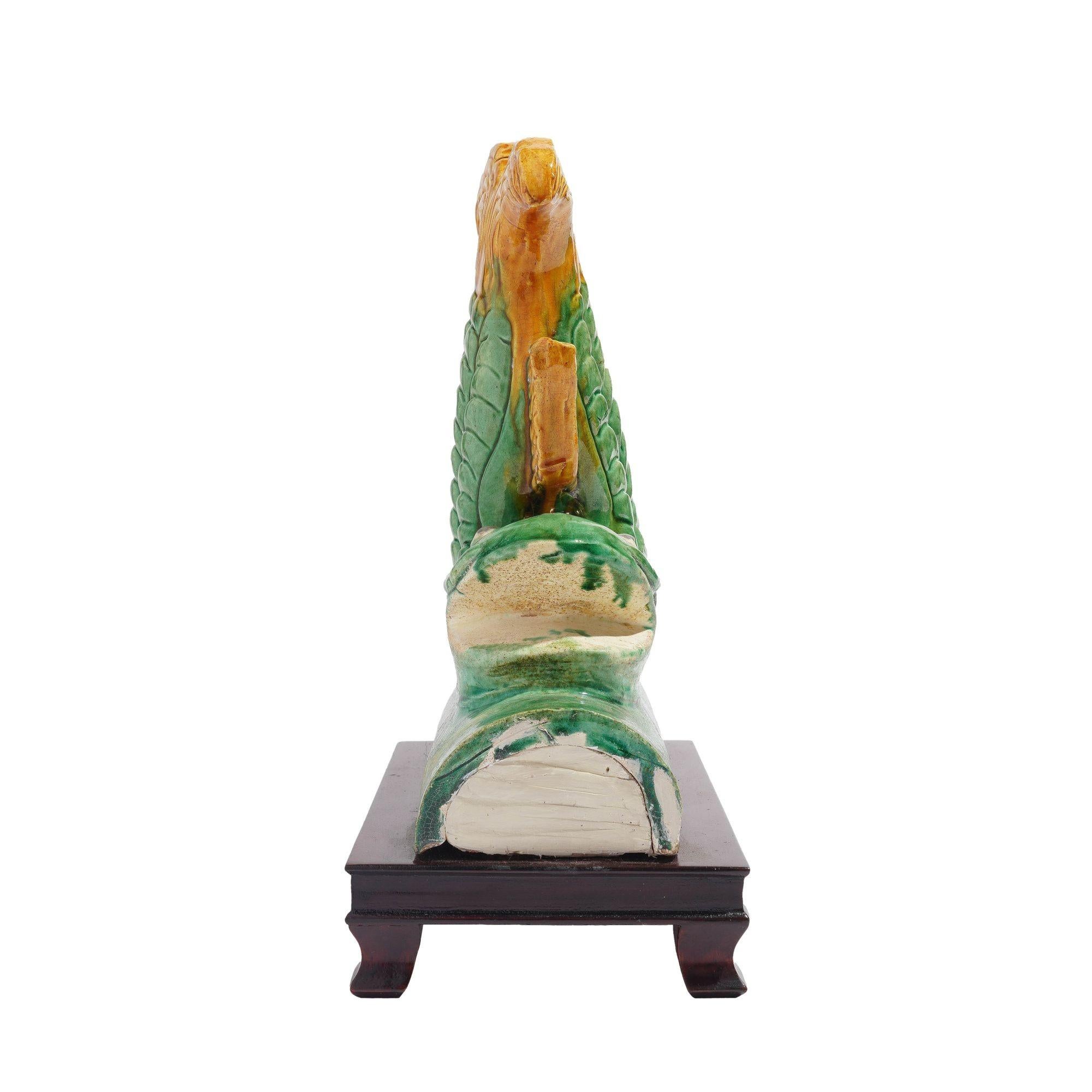 Traditional Chinese ceramic fish form roof tile on stand, c. 1900's In Good Condition For Sale In Kenilworth, IL