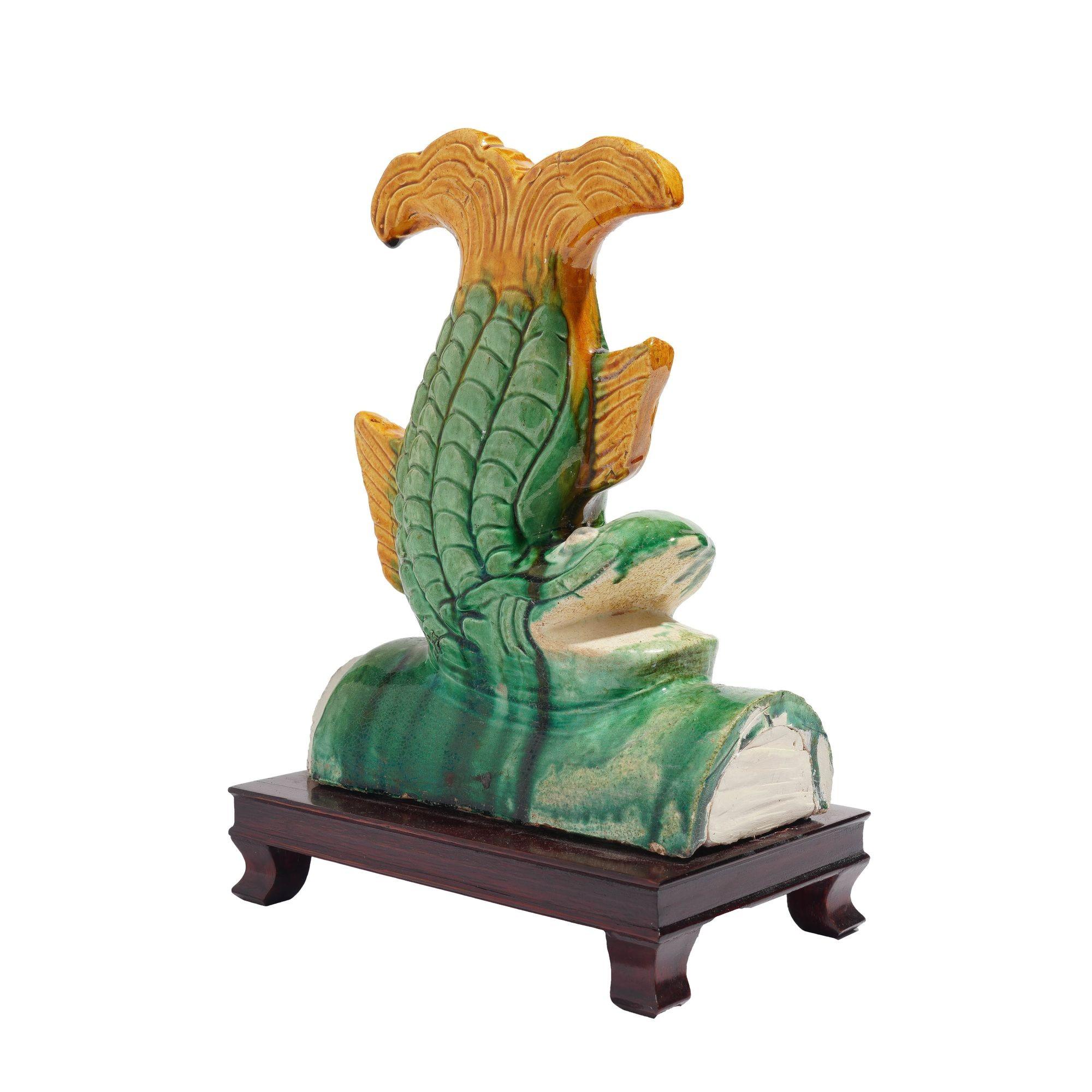 20th Century Traditional Chinese ceramic fish form roof tile on stand, c. 1900's For Sale