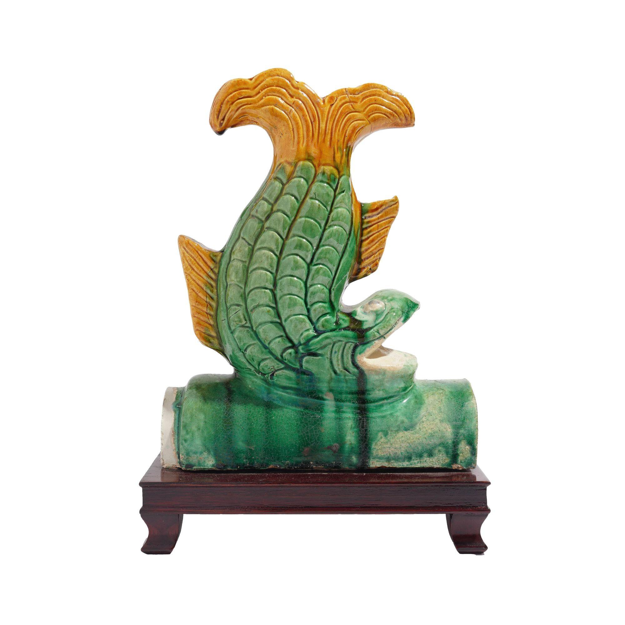 Ceramic Traditional Chinese ceramic fish form roof tile on stand, c. 1900's For Sale