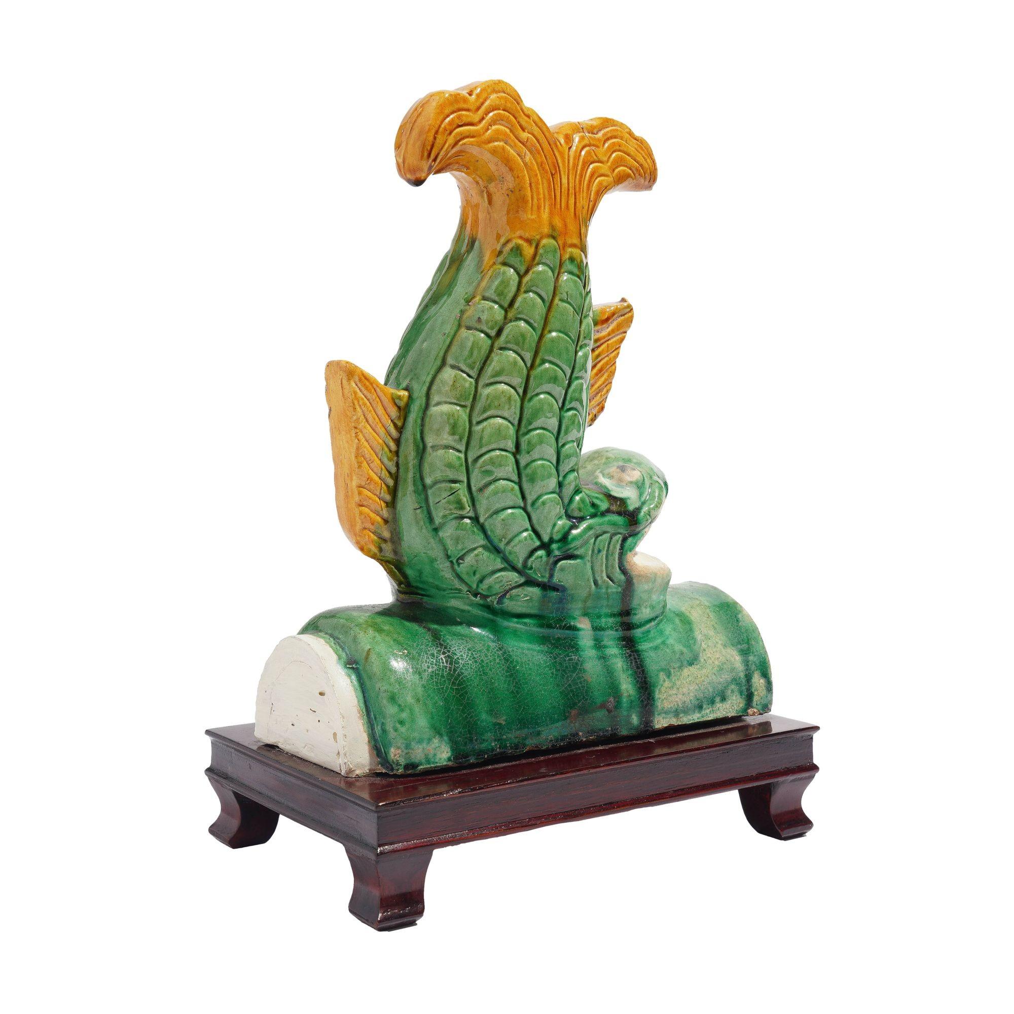 Traditional Chinese ceramic fish form roof tile on stand, c. 1900's For Sale 1