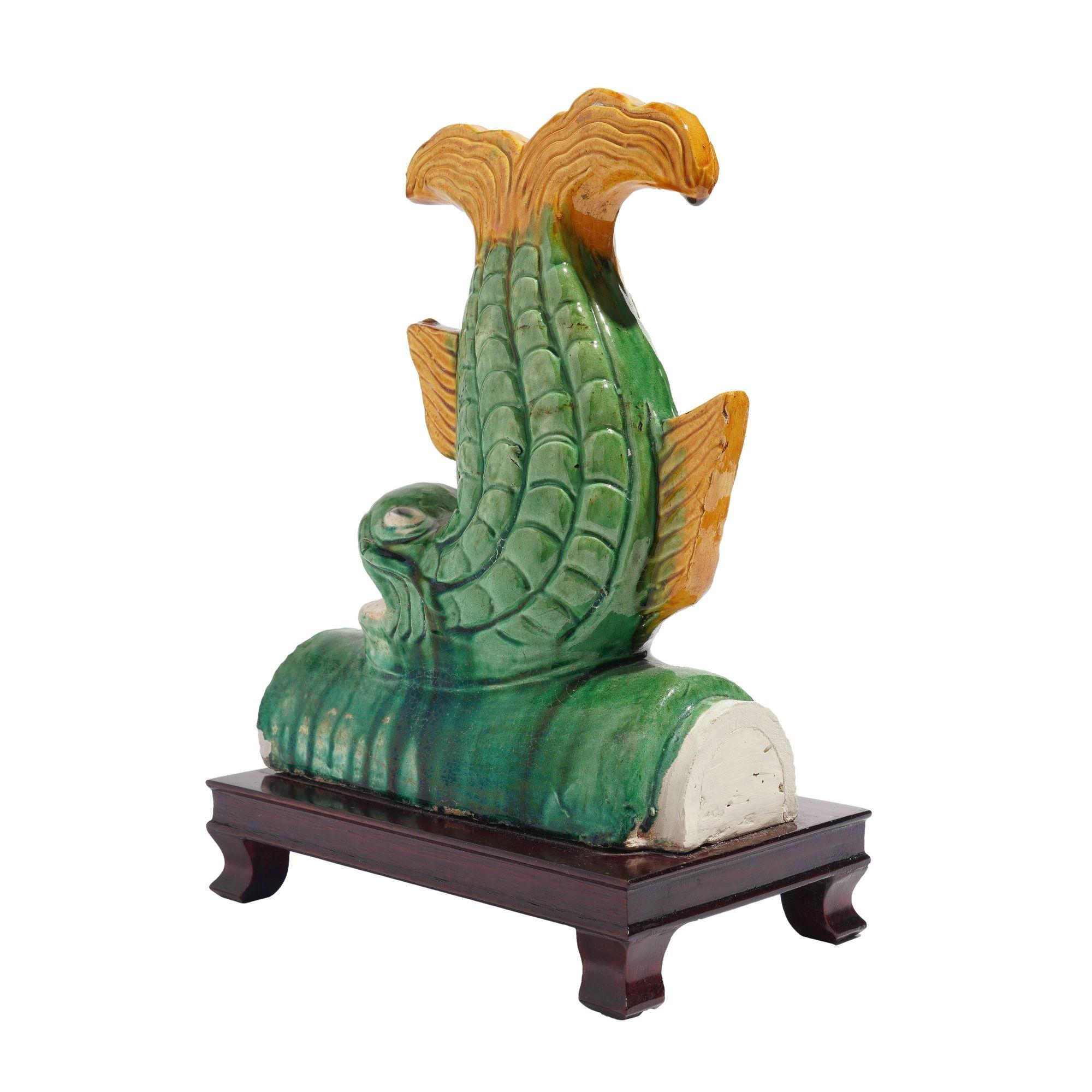 Traditional Chinese ceramic fish form roof tile on stand, c. 1900's For Sale 3