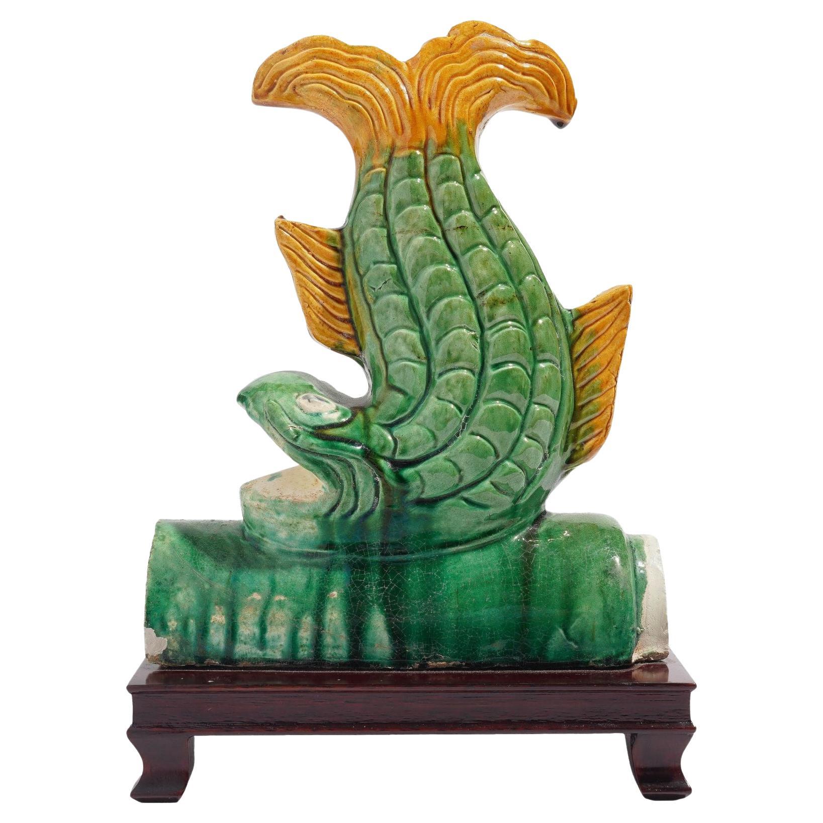 Traditional Chinese ceramic fish form roof tile on stand, c. 1900's For Sale