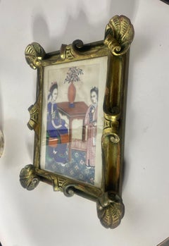 Traditional Chinese Painting on Silk, 2 Women. Unusual Carved and Gilt Frame