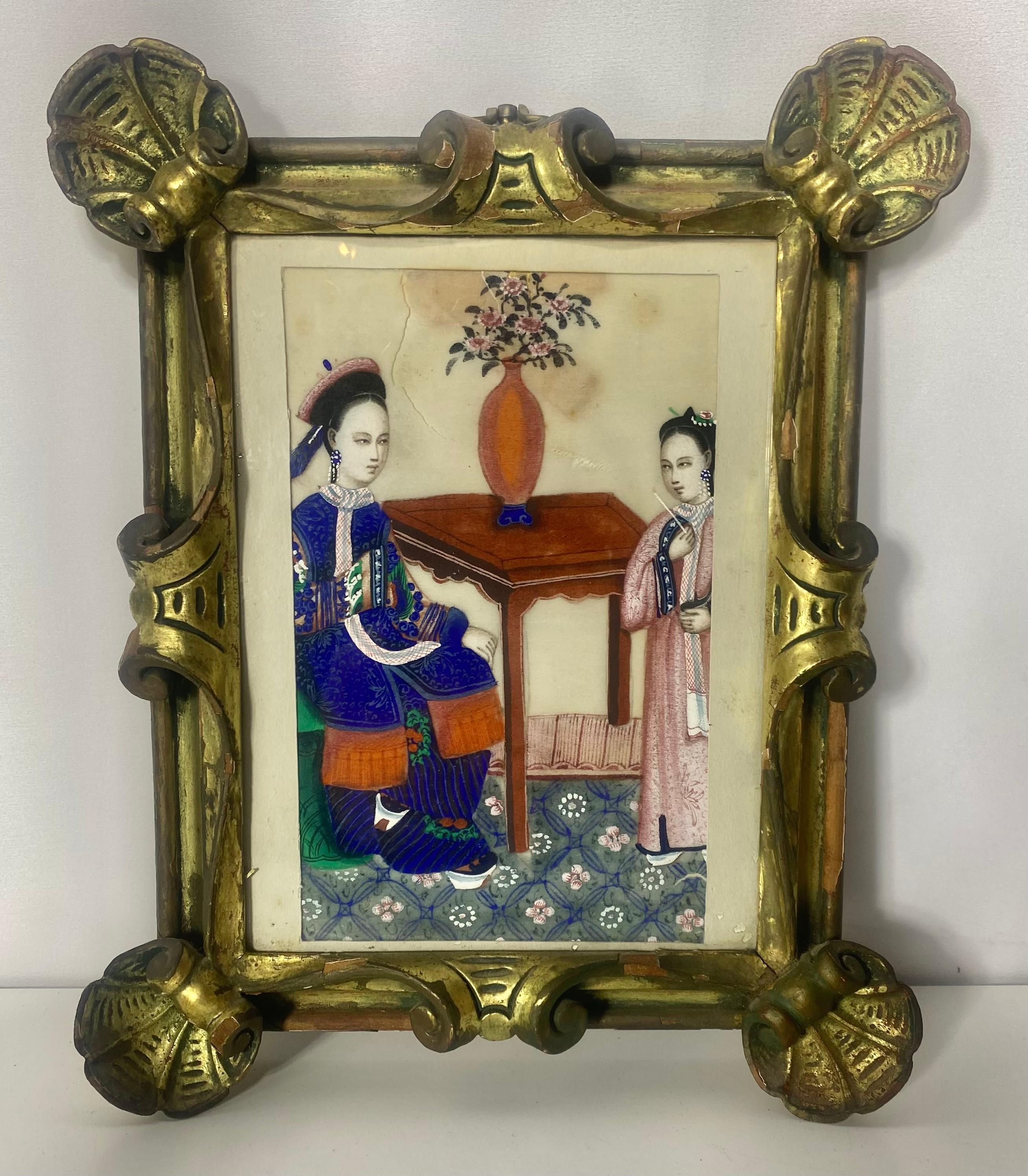 Traditional Chinese Painting on Silk, 2 Women. Unusual Carved and Gilt Frame For Sale 1